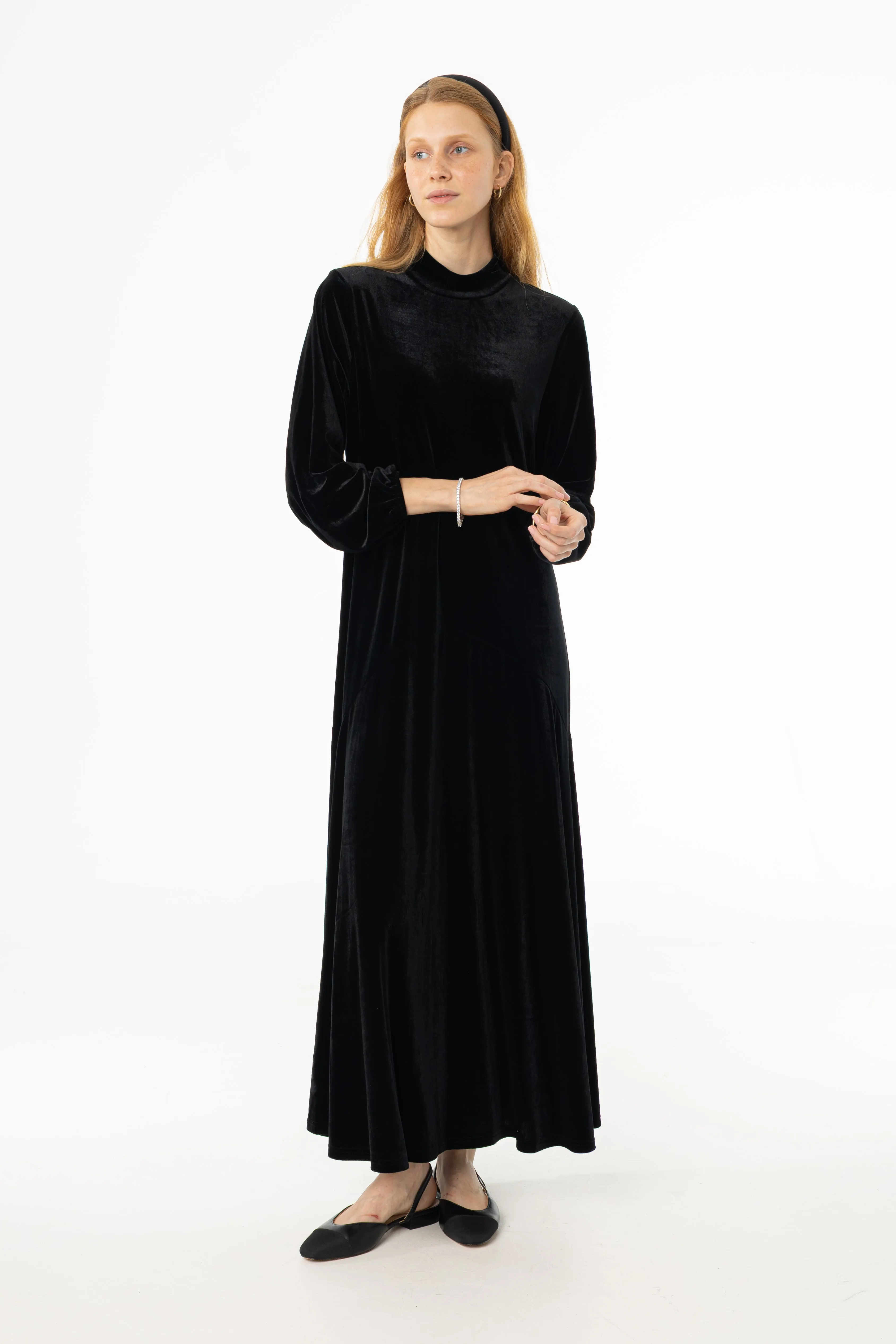 Black Flared Hem Velvet Maxi Dress Smooth Shape Easy Going