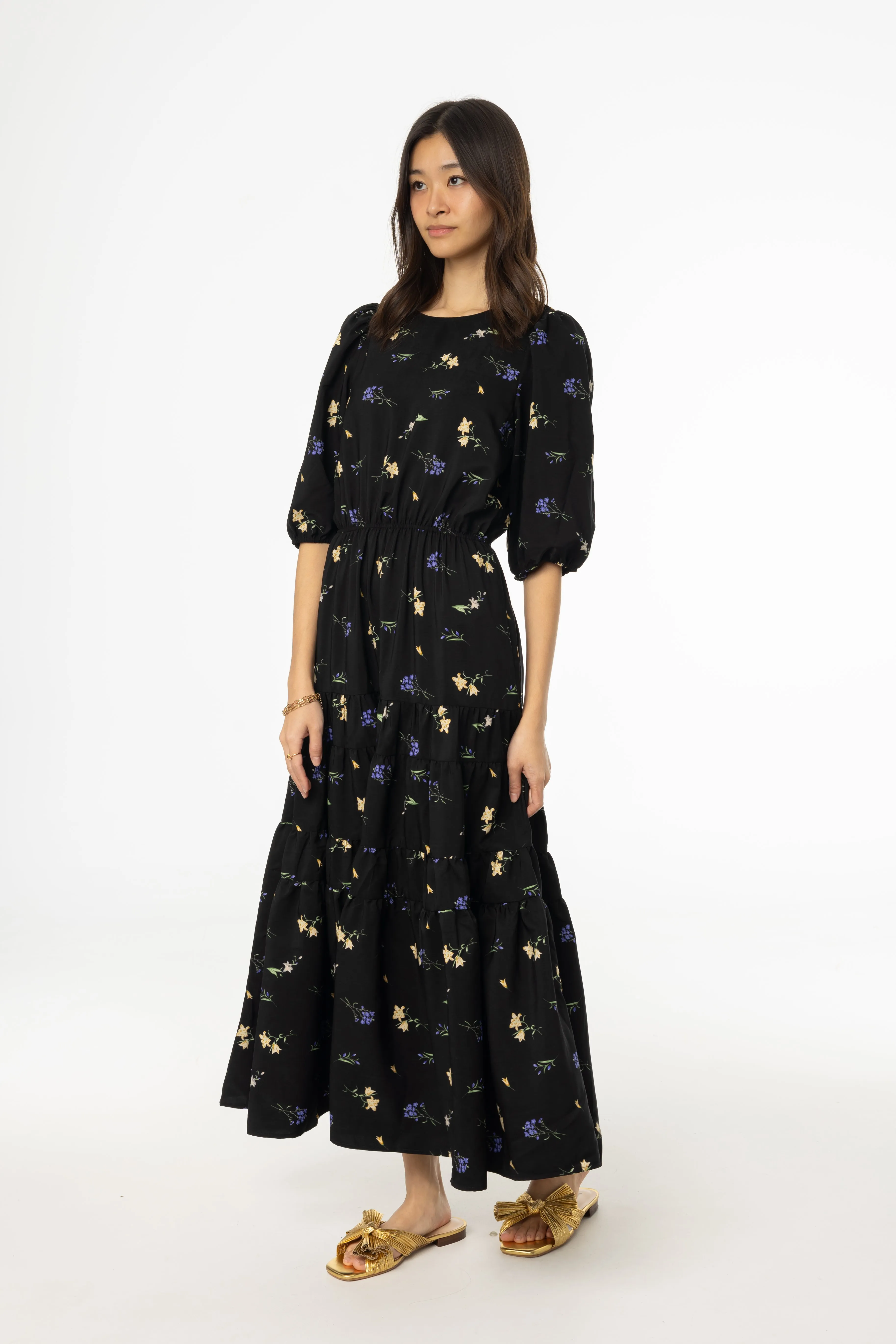Black Floral Print Tiered Dress Timeless Piece