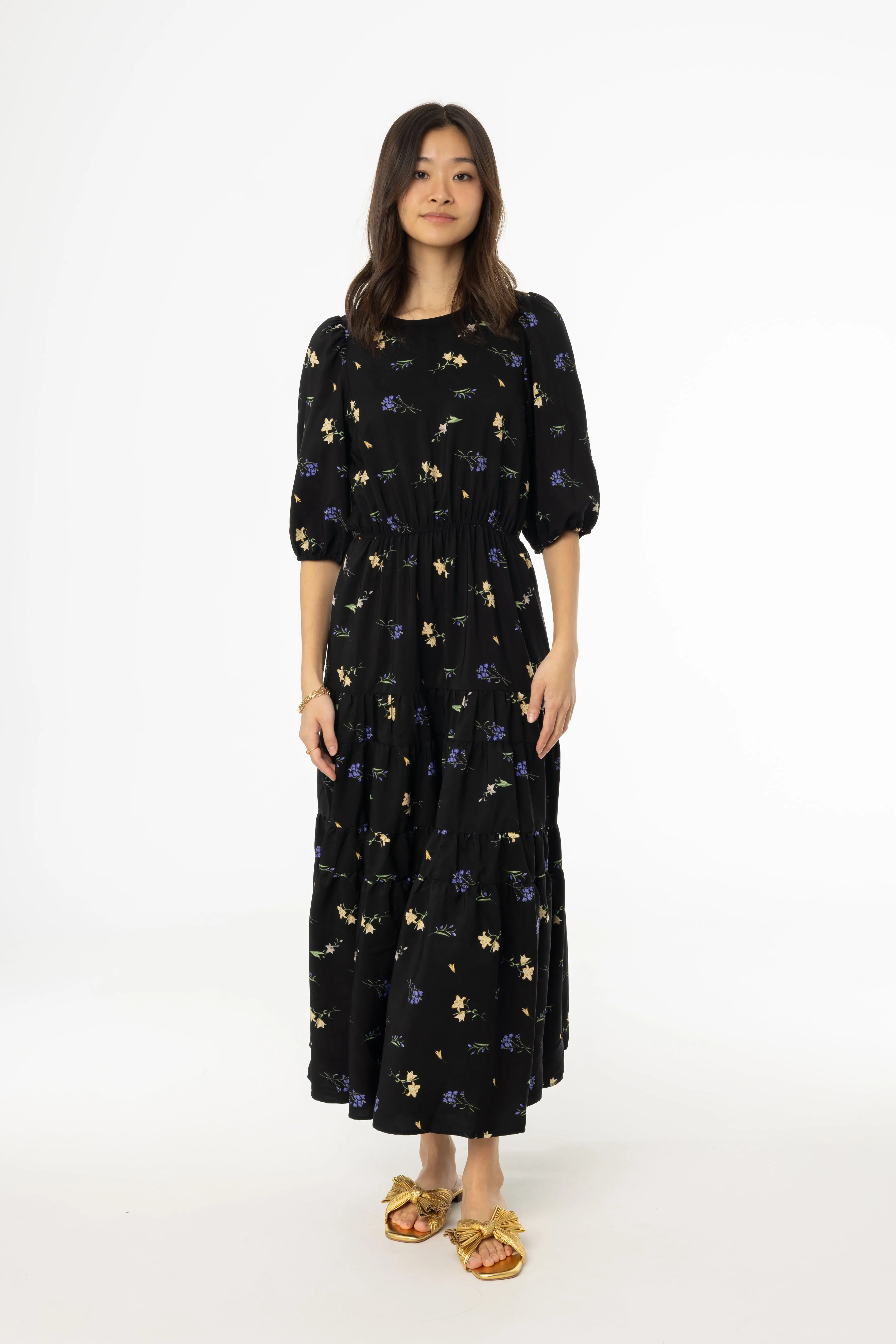 Chic Direction Black Floral Print Tiered Dress