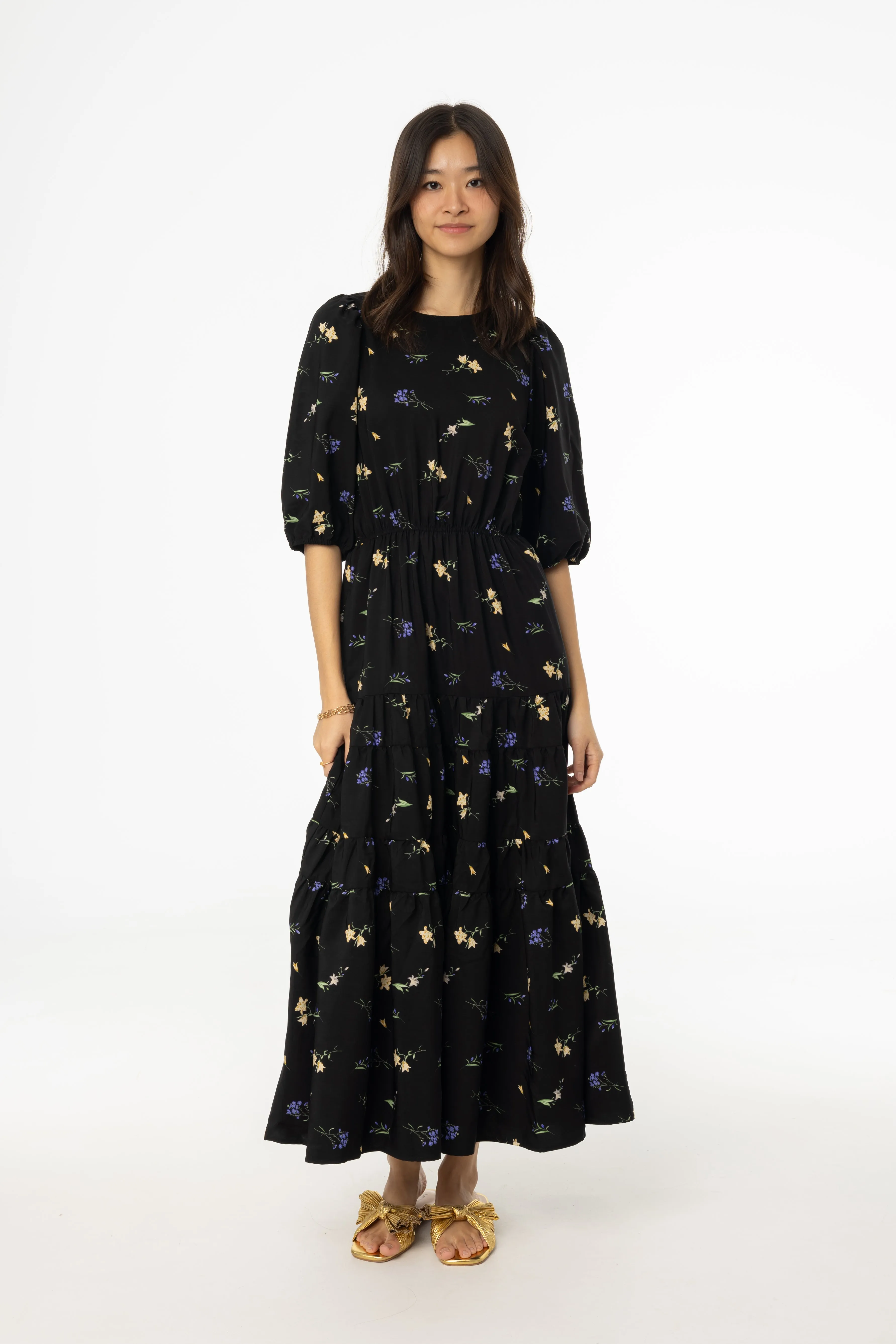 Festive Mood Daily Wear Black Floral Print Tiered Dress