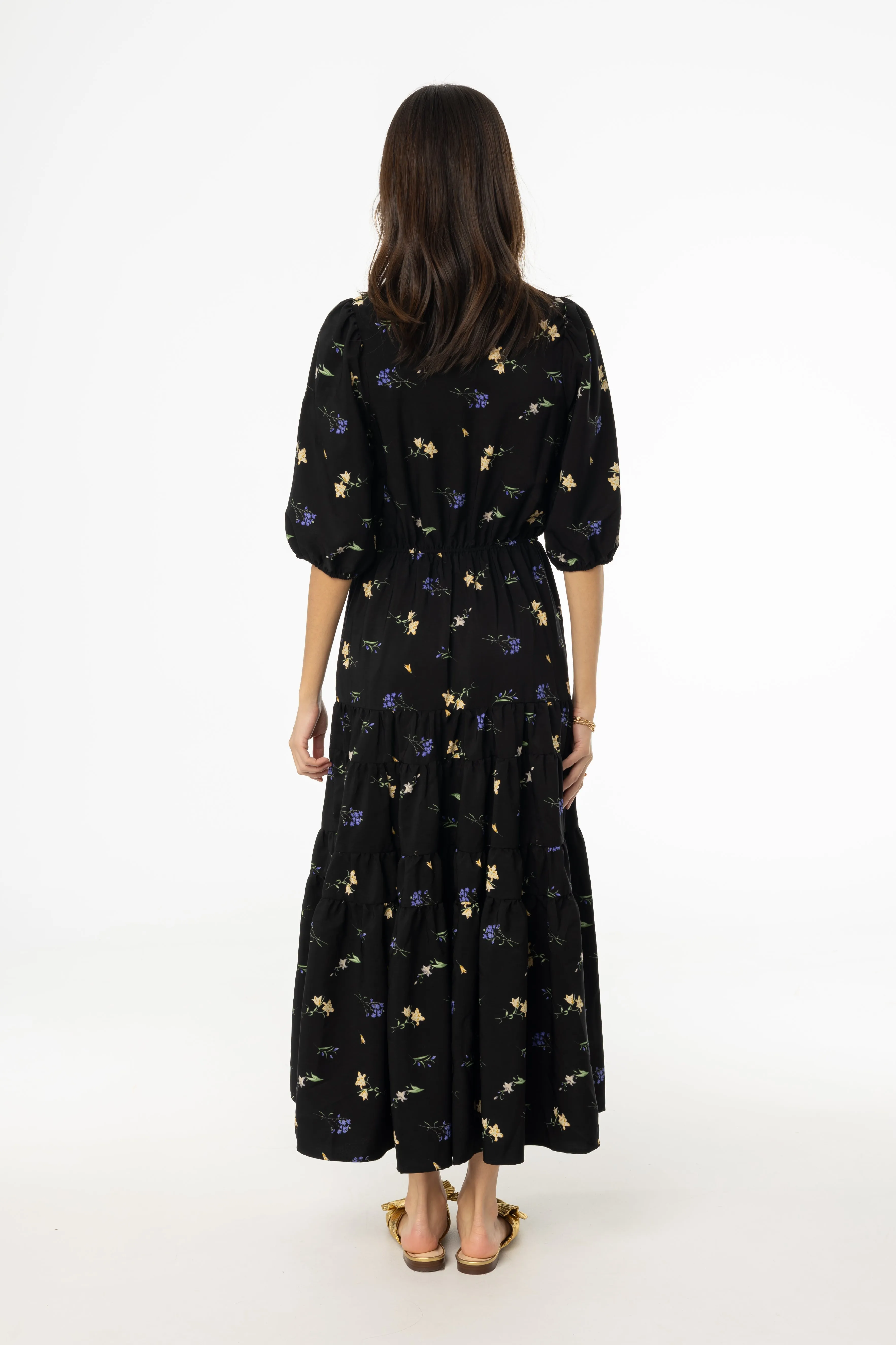 Subtle Glow Garden Fresh Black Floral Print Tiered Dress