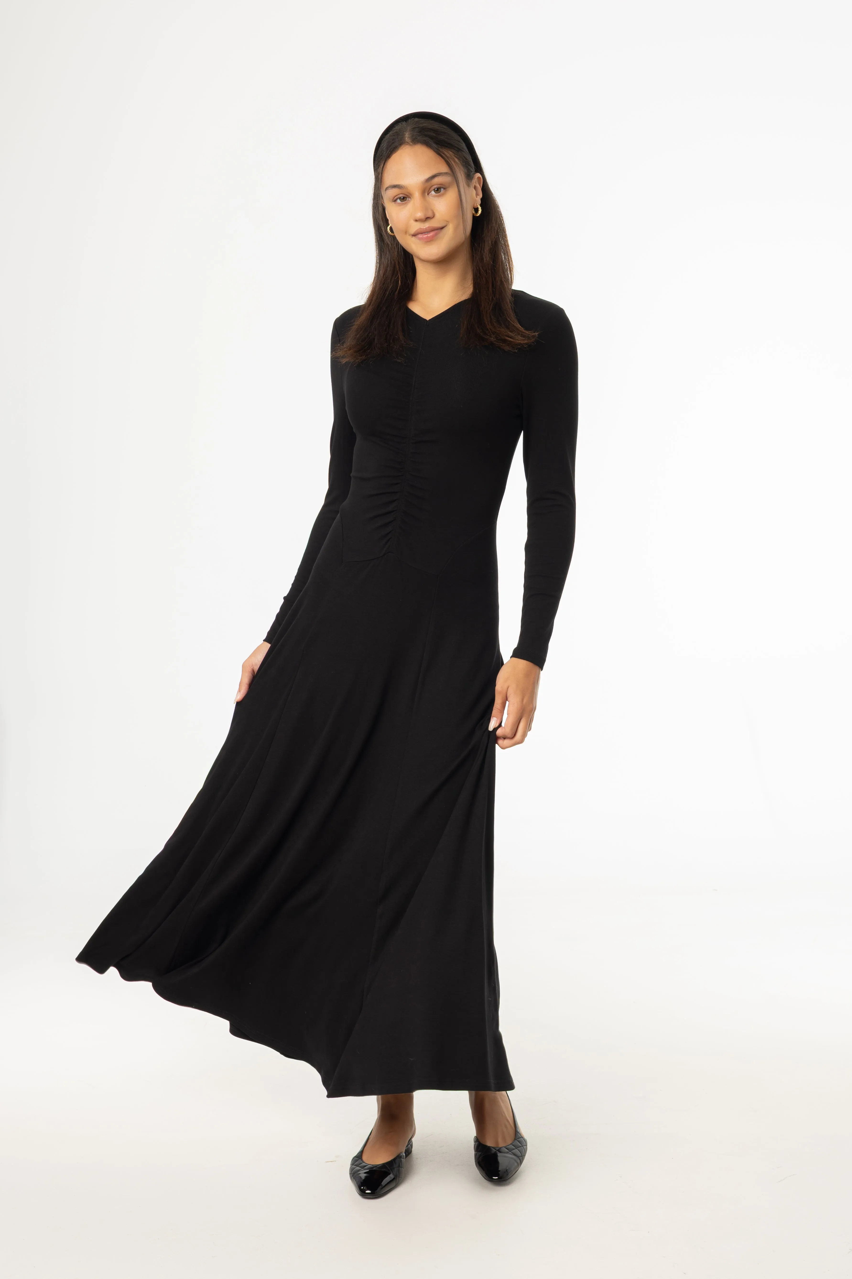 Elegant formal outfit Black Front Ruched Maxi Dress