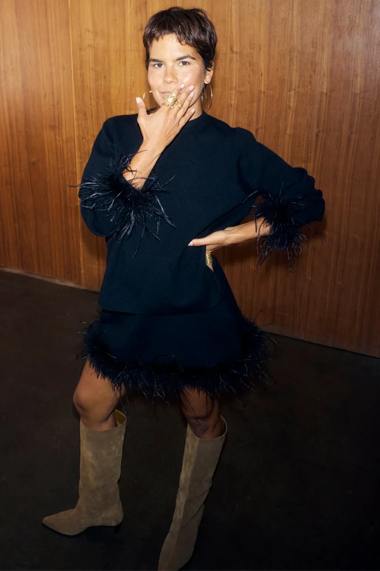 Black Jamie Jumper with Feather Trim Dimensional Jacquard Weave