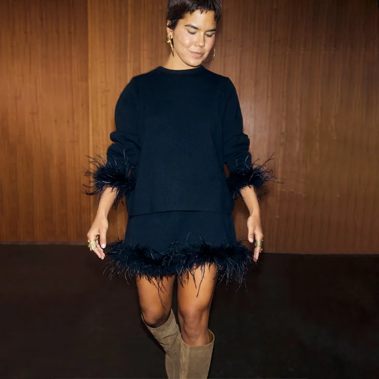 Seasonal Warmth Quiet Tone Black Jamie Jumper with Feather Trim