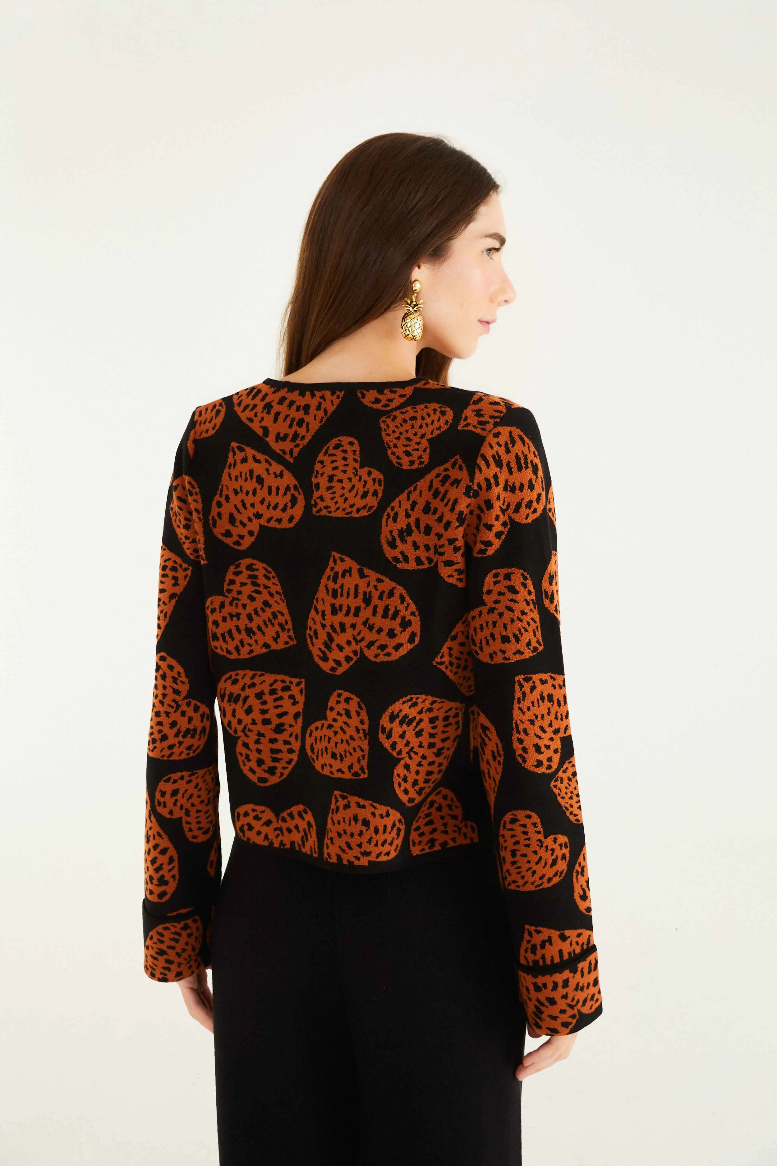 Black Leopard Hearts Front Ties Knit Cardigan Cool Weather