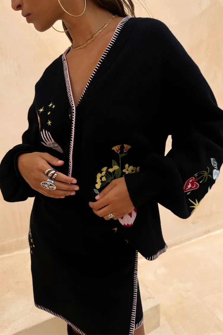 Black Night Garden Knit Cardigan ShapeRetention Fabric Relaxed casual fit