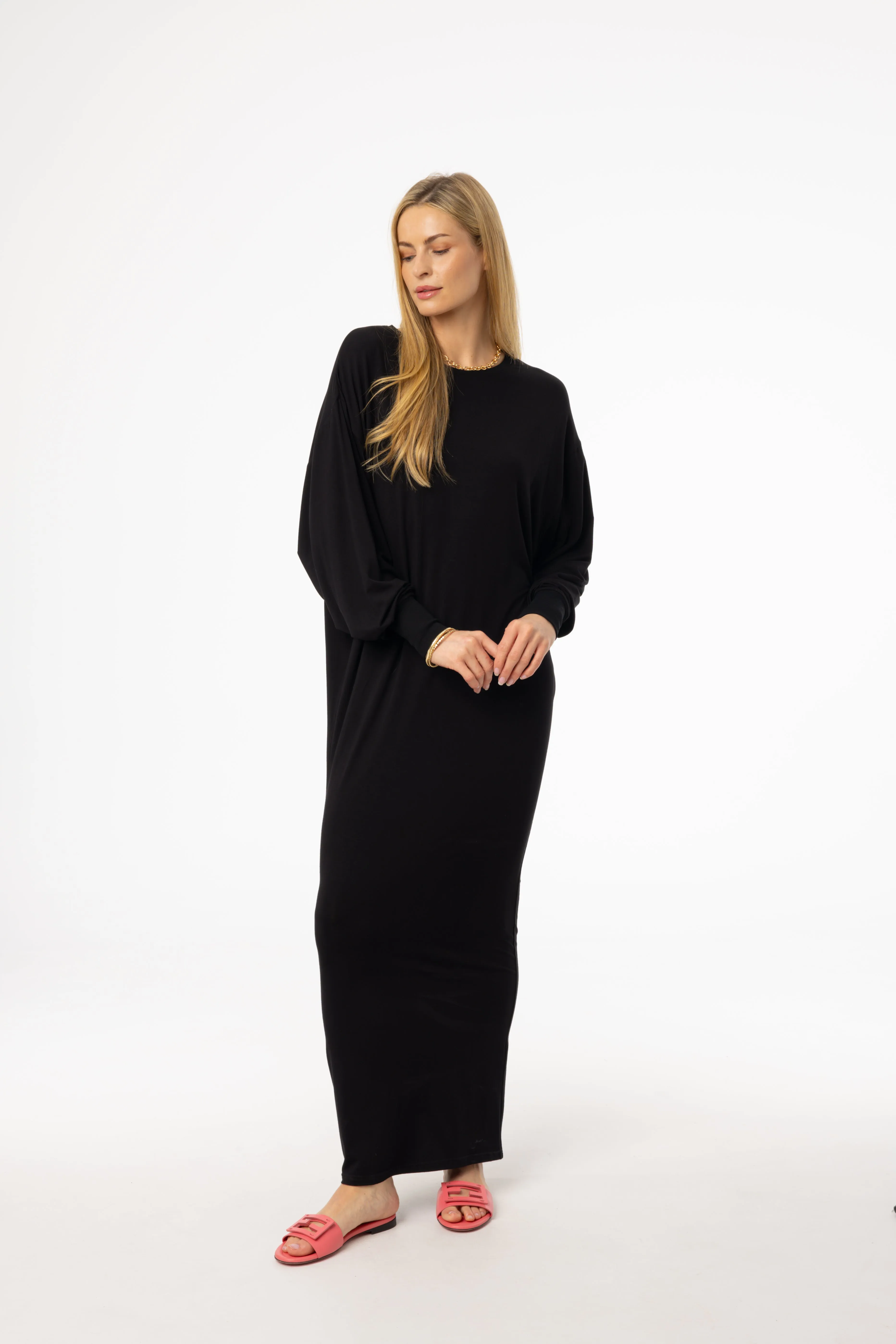 Fitted waist Black Oversized Dolman Sleeve Maxi Dress