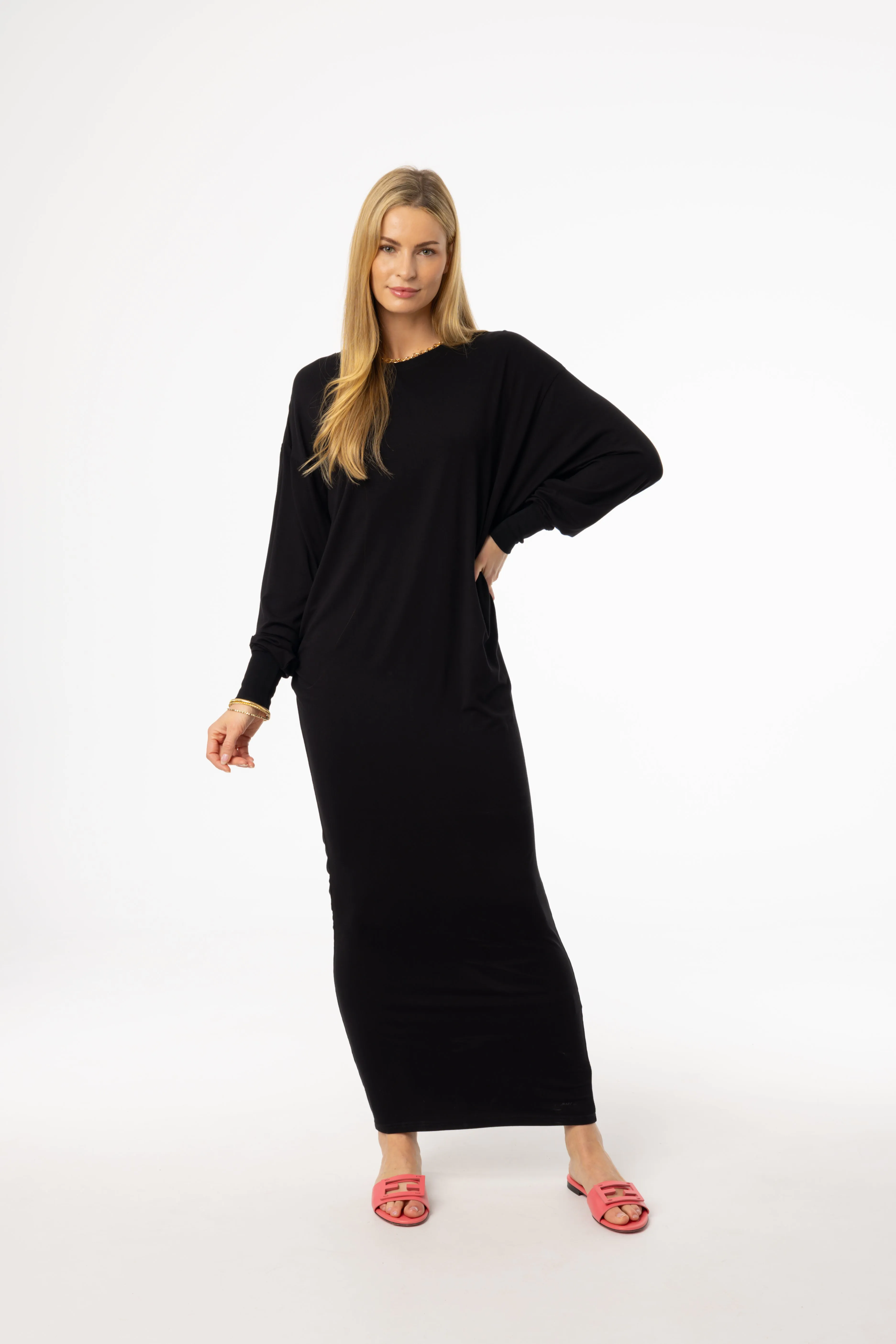 Satin Soft Fresh Combo Black Oversized Dolman Sleeve Maxi Dress