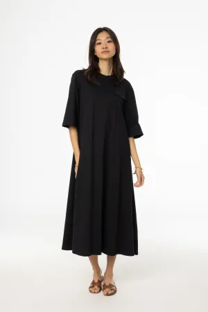 Black Pocket Tee Shirt Maxi Dress Pleated-Texture