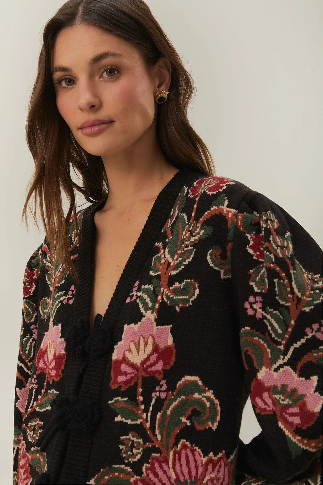 Daily Essential Jacquard Weave Black Ravenala Knit Midi Cardigan