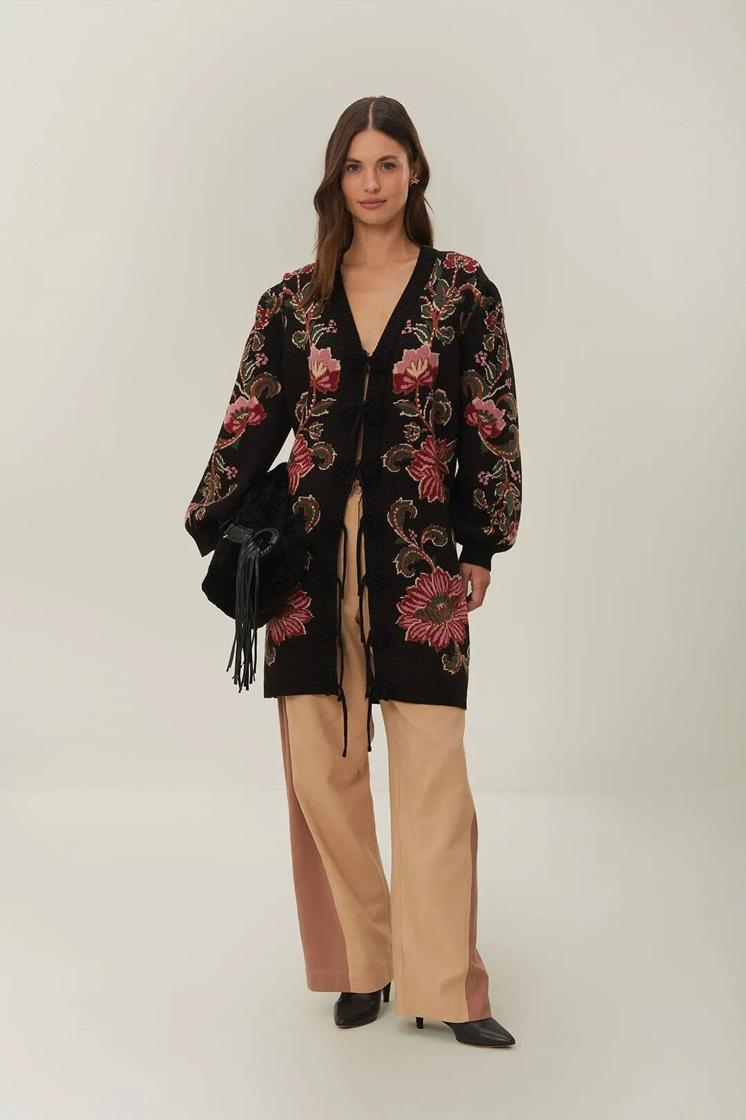 Temperature control Ribbed collar Black Ravenala Knit Midi Cardigan