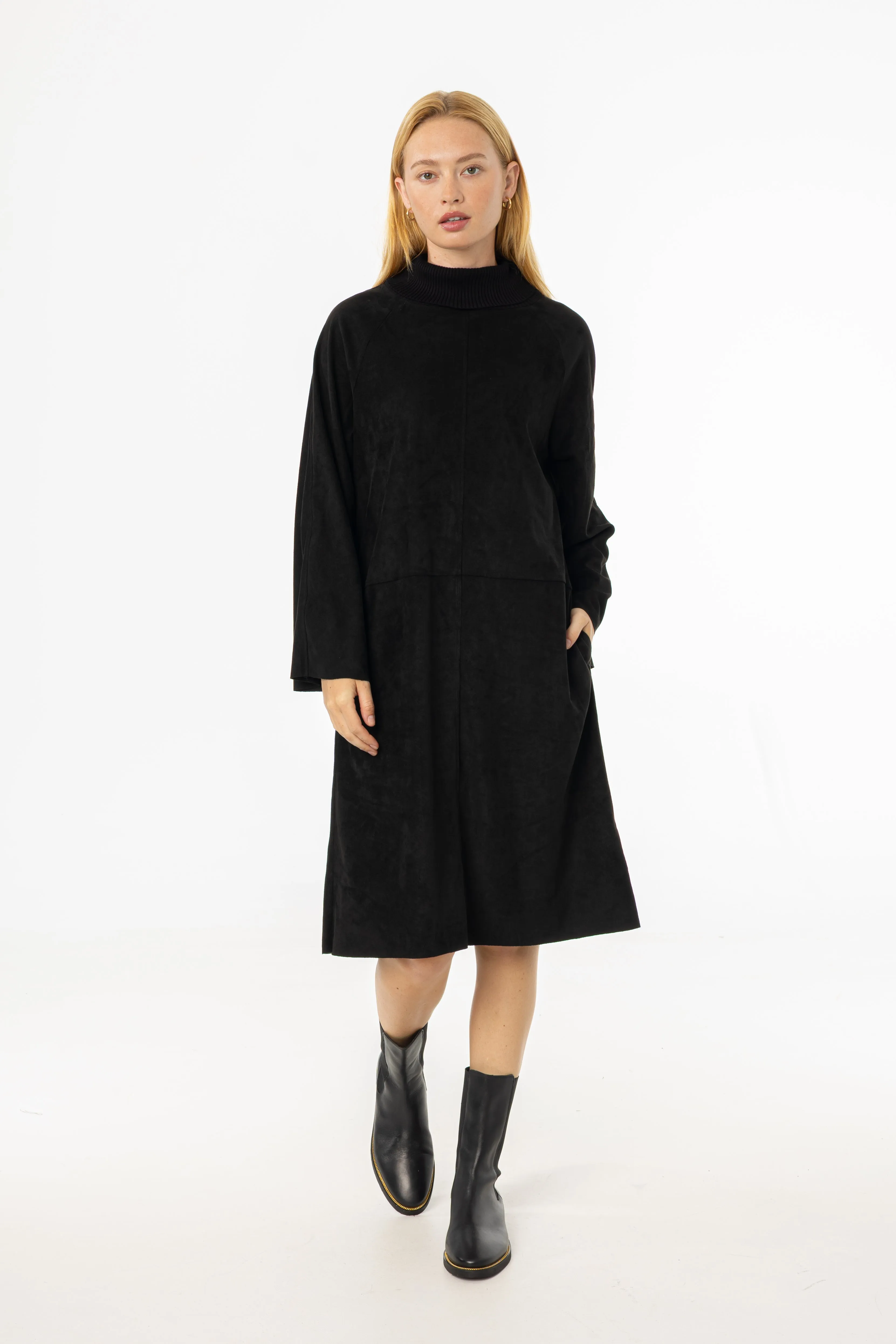 Stylish Pick Black Ribbed Turtleneck Microsuede Dress