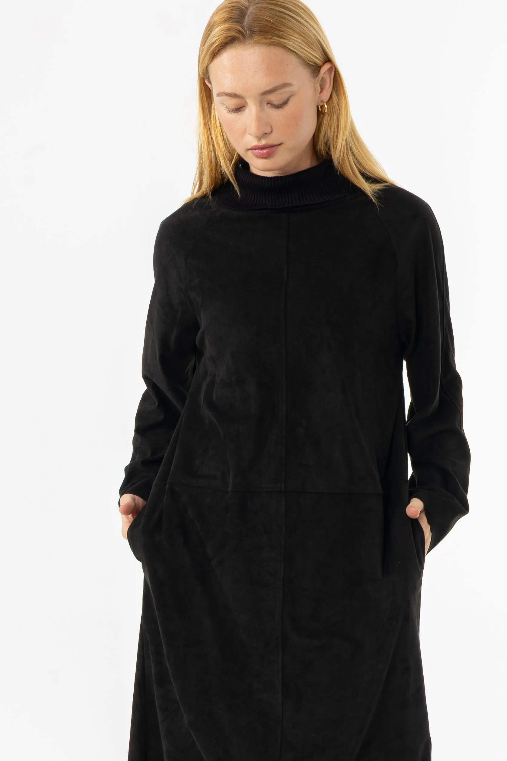 Black Ribbed Turtleneck Microsuede Dress Urban appeal