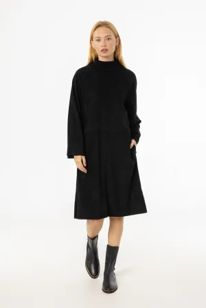 Stylish Pick Black Ribbed Turtleneck Microsuede Dress