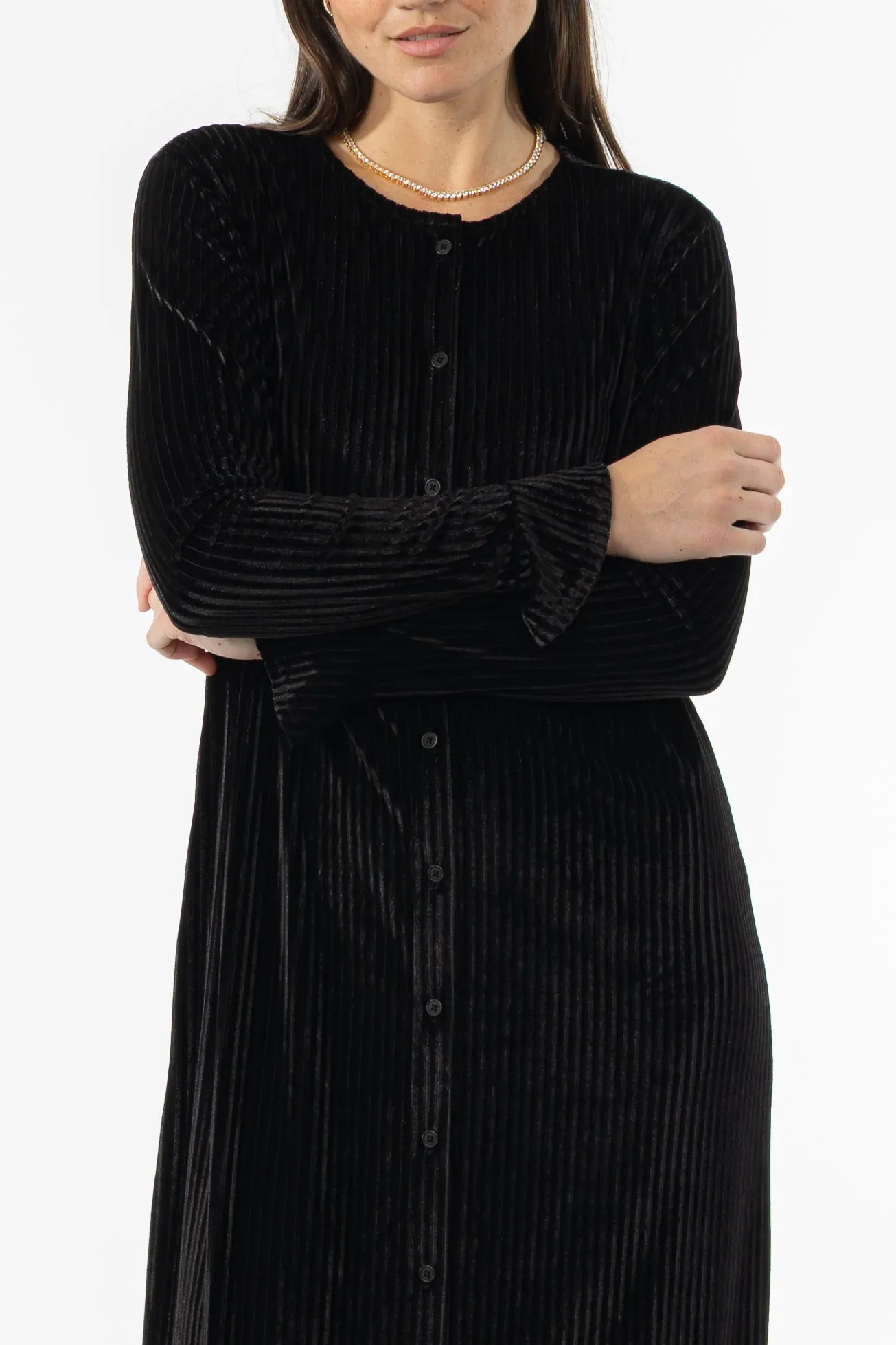 Beadwork Minimalist Look Black Ribbed Velour Dress