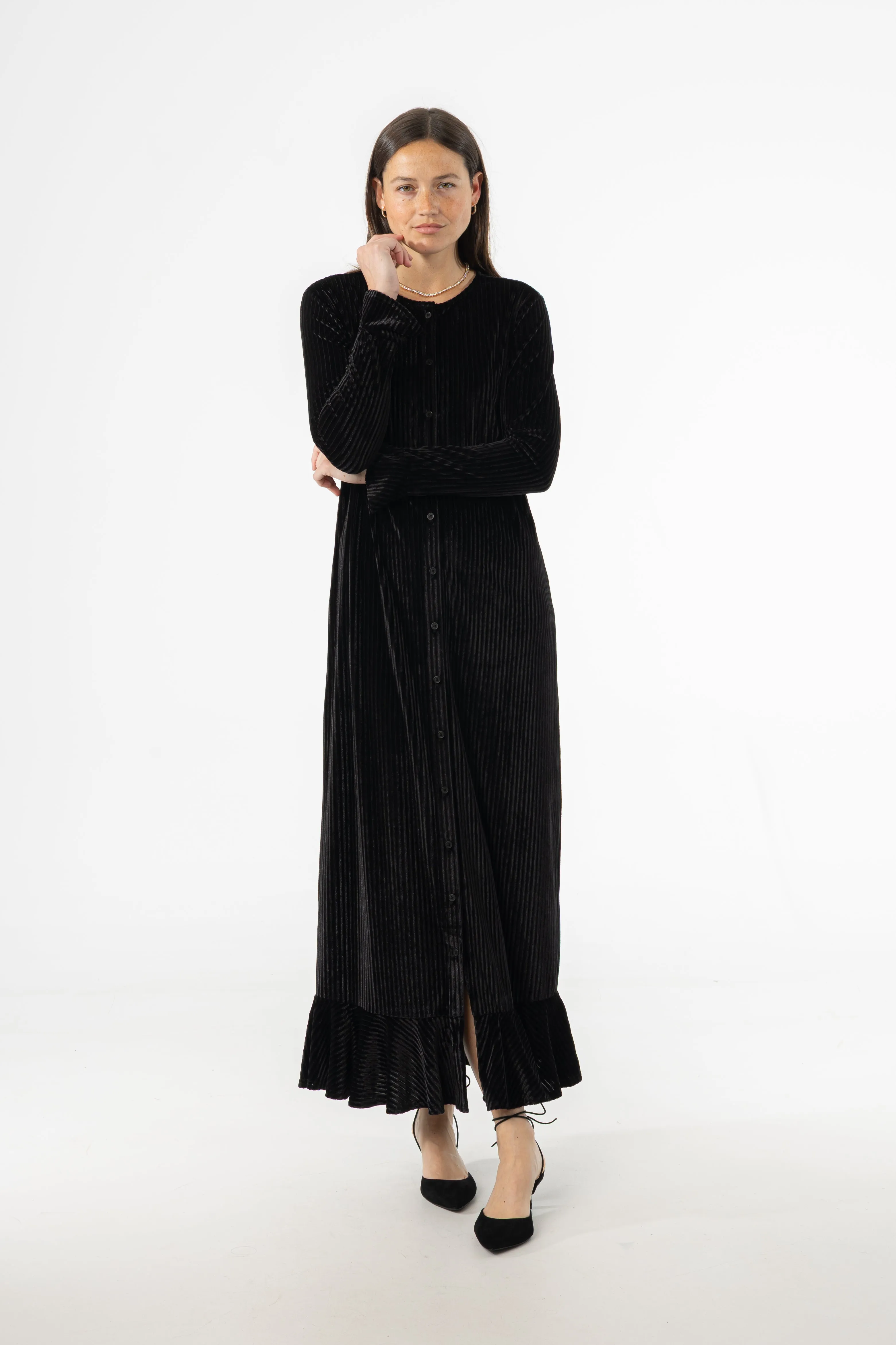 Artistic Shape Sophisticated Comfort Black Ribbed Velour Dress