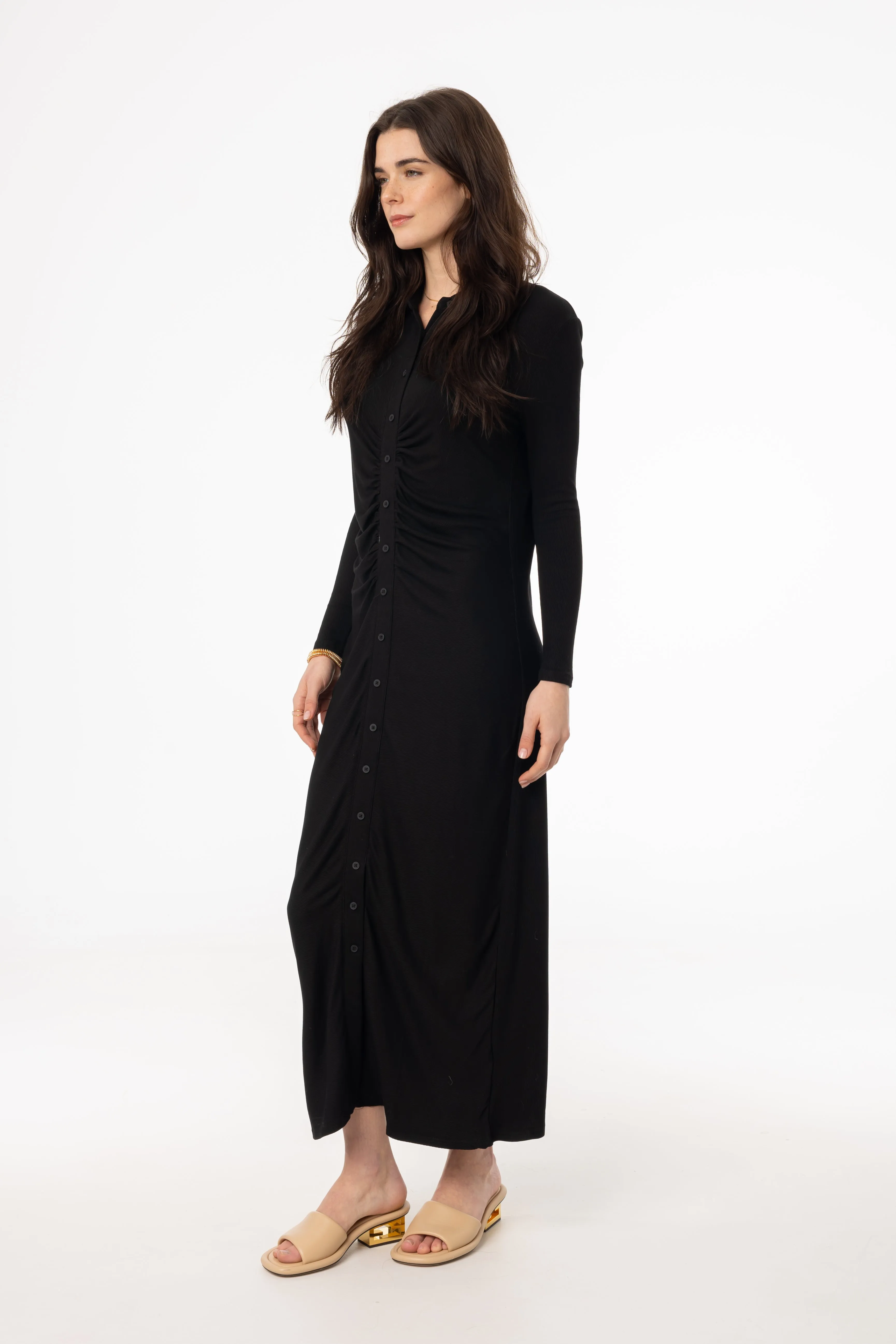 Black Ruched Cardi Maxi Dress Fall Piece Relax Layers