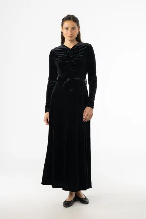 Autumn Ready Playful touch Black Ruched Velour Maxi Dress