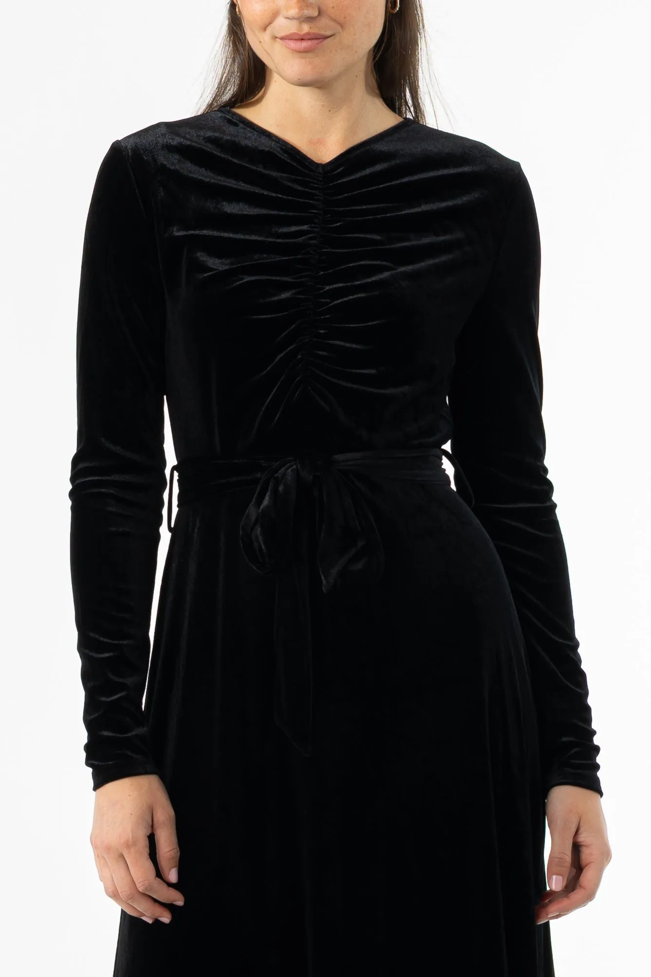 Black Ruched Velour Maxi Dress Chic Look Form Focus