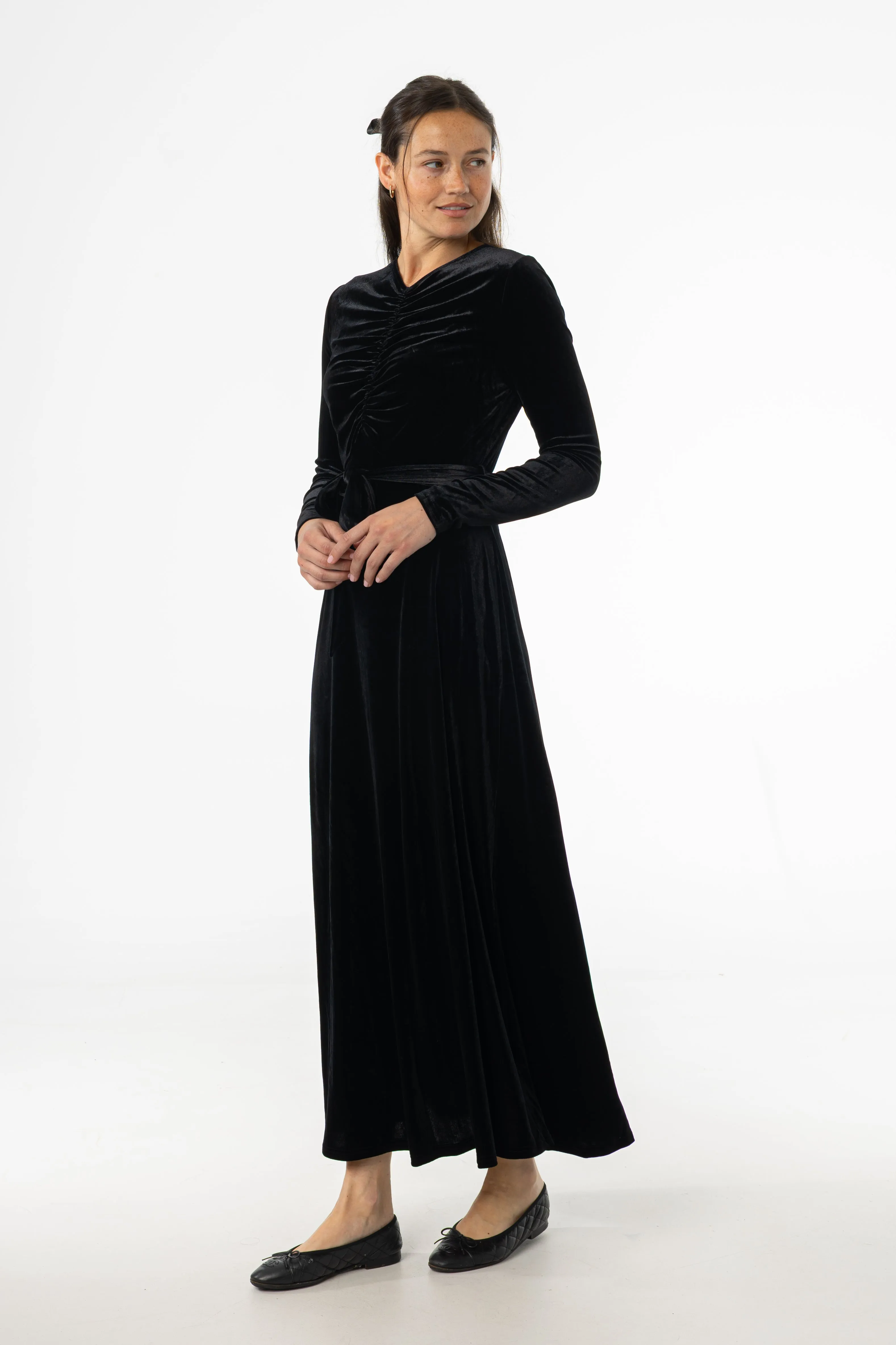Black Ruched Velour Maxi Dress Flawless Waist Fit