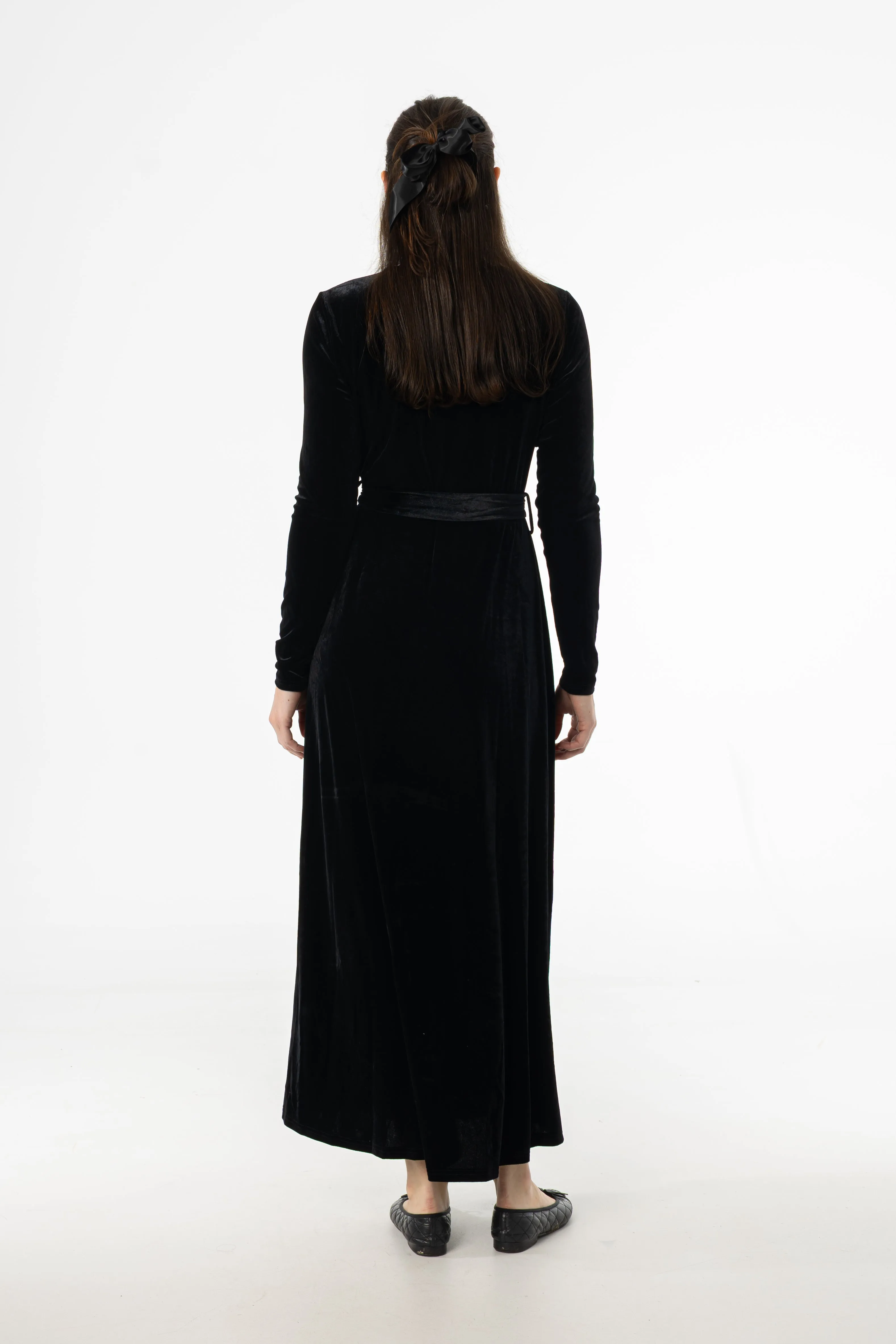 Black Ruched Velour Maxi Dress Clean Base Long Lines