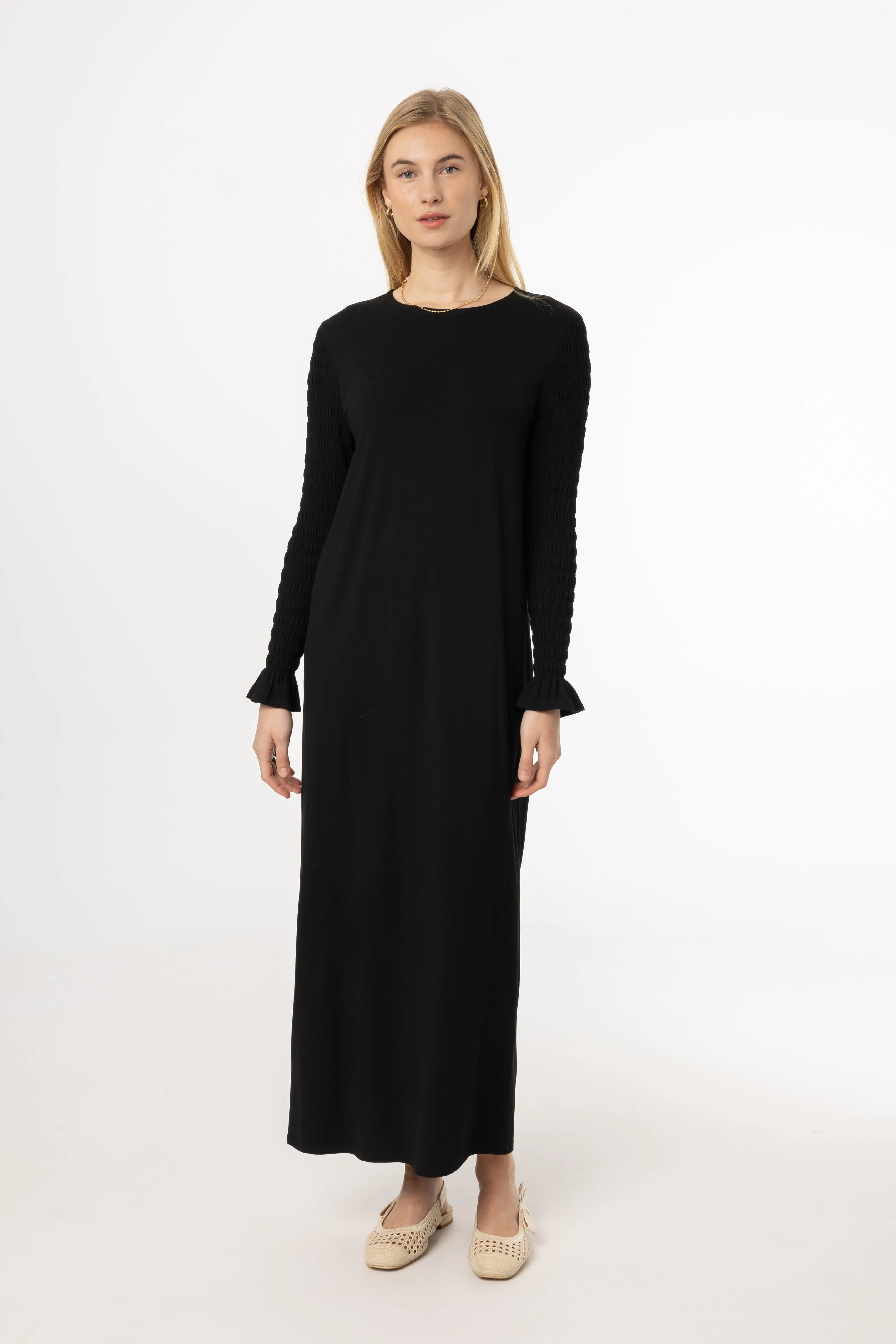 Light Base Black Smocked Sleeve Maxi Dress