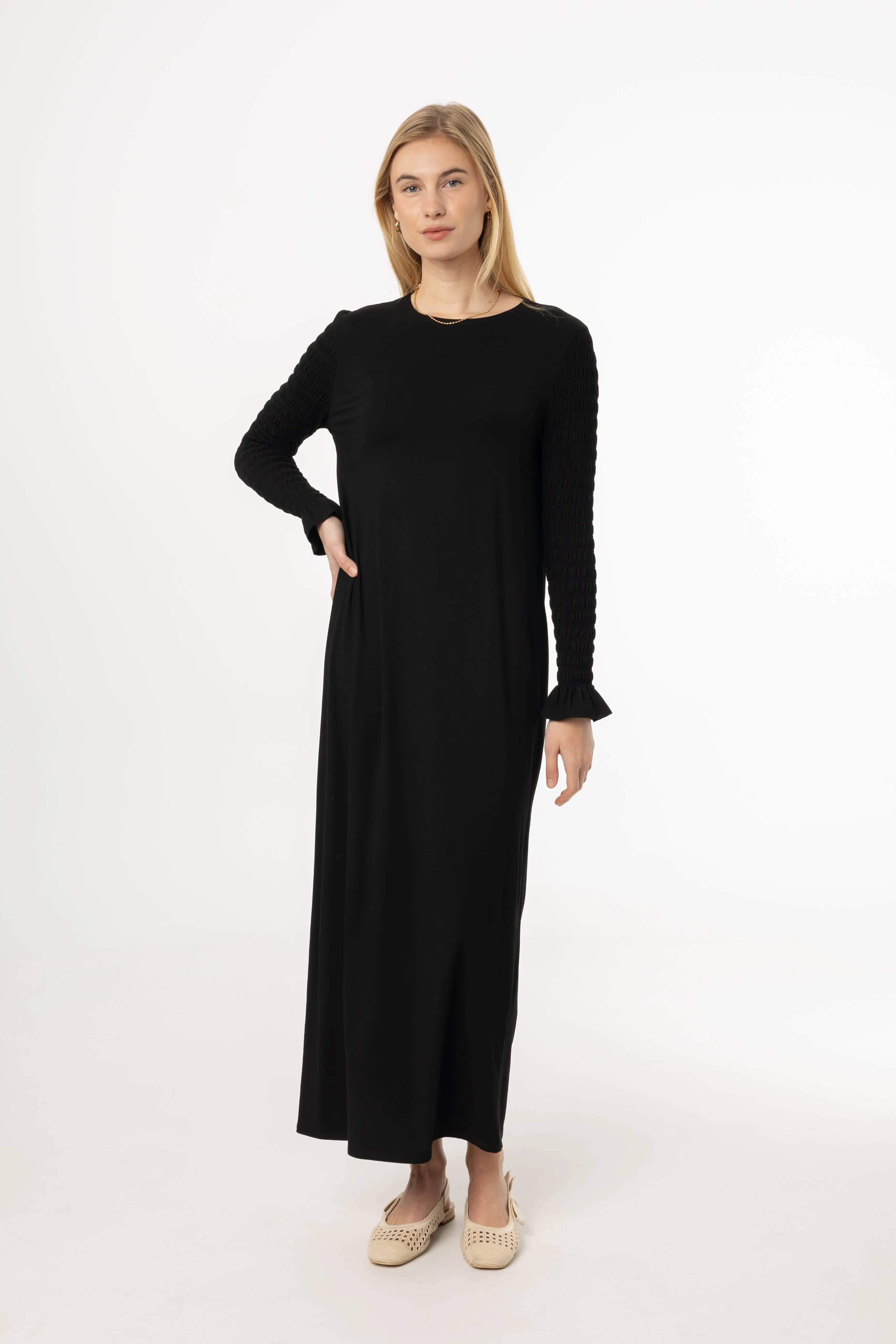 Black Smocked Sleeve Maxi Dress Comfy Yet Stylish Trend Glow