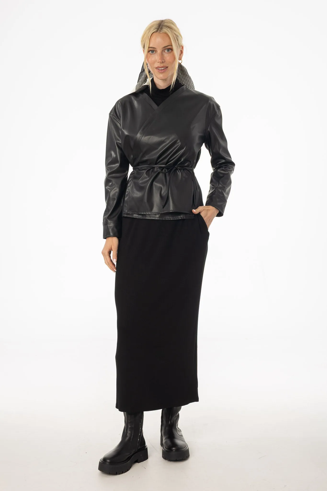 Black Turtleneck Basic Maxi Button Accent Button-front
