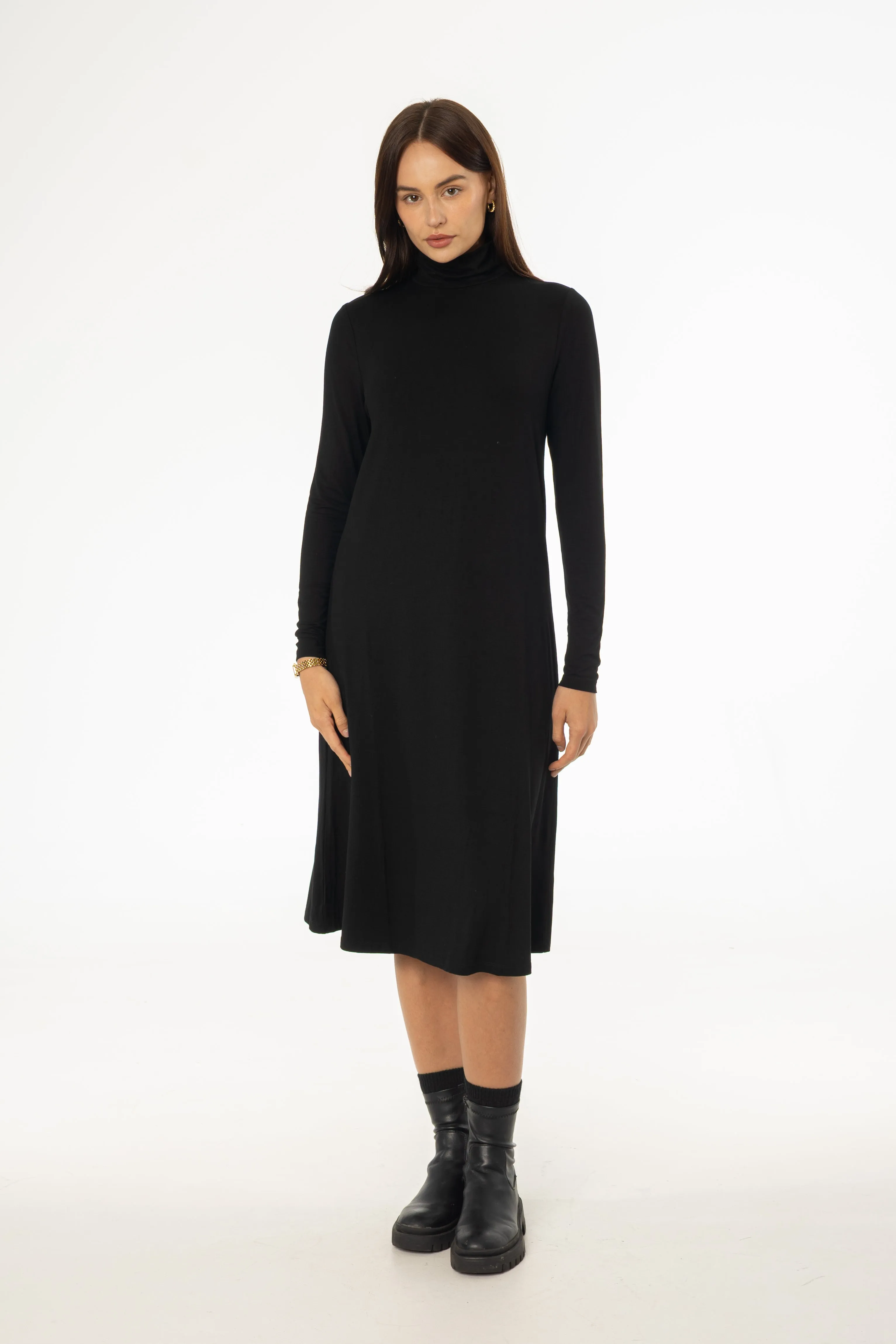 Black Turtleneck Swing Dress Button-Cuff