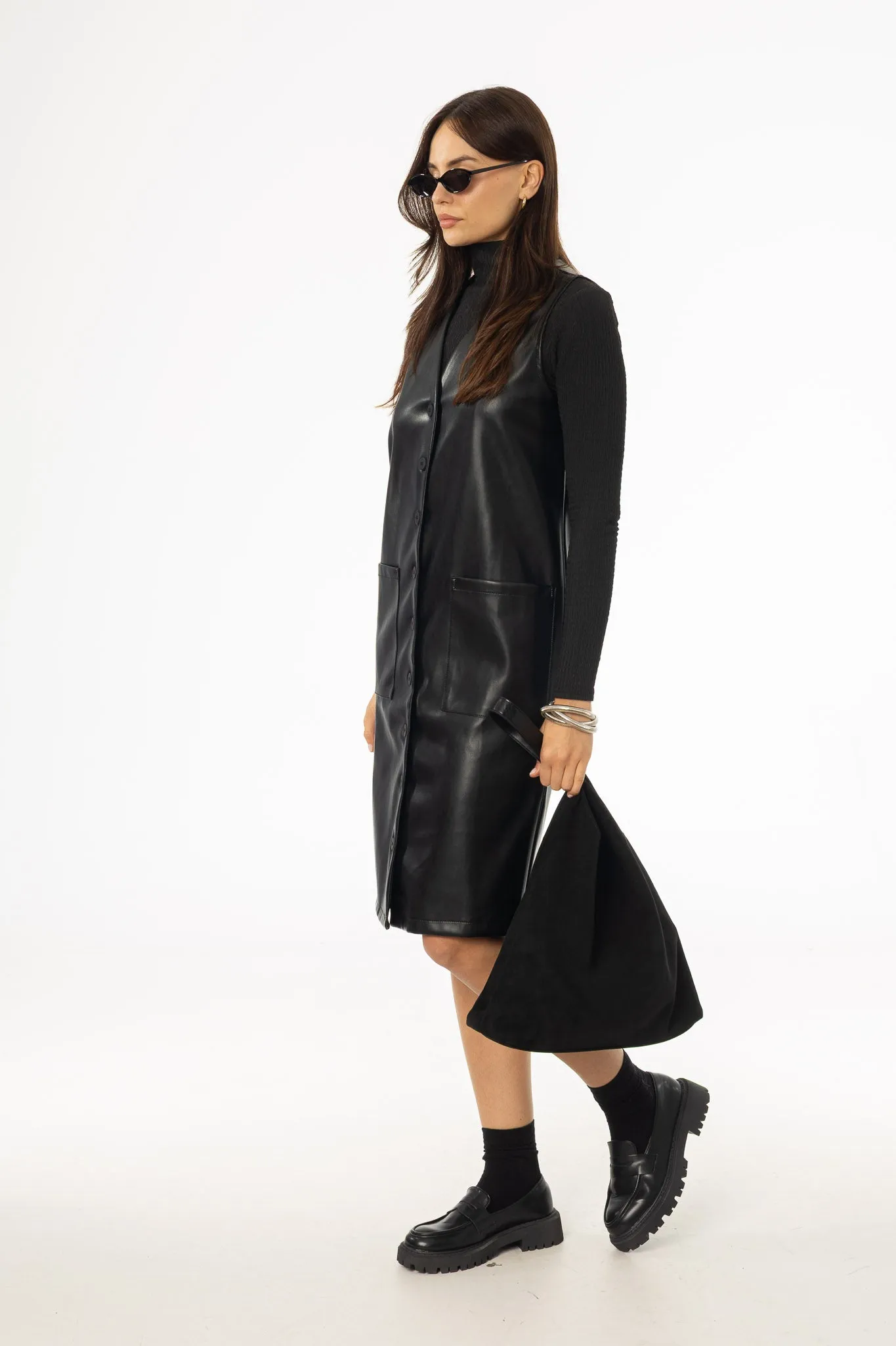 Black Vegan Leather Vest Dress Relaxed-fit gown