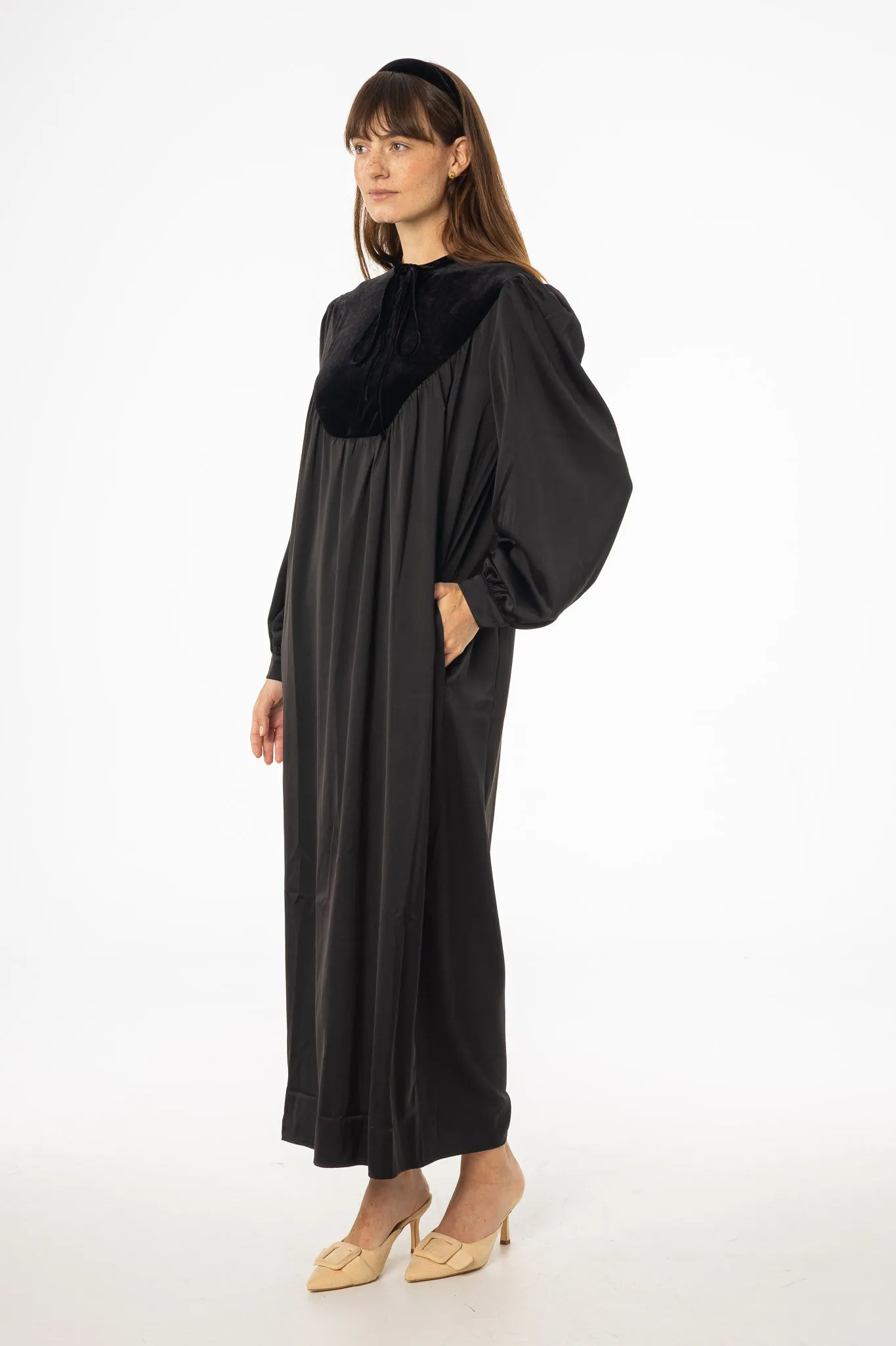 Sun-Protective Black Velour Yoke Maxi Dress