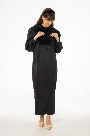 Black Velour Yoke Maxi Dress Contemporary Style Belted-Style