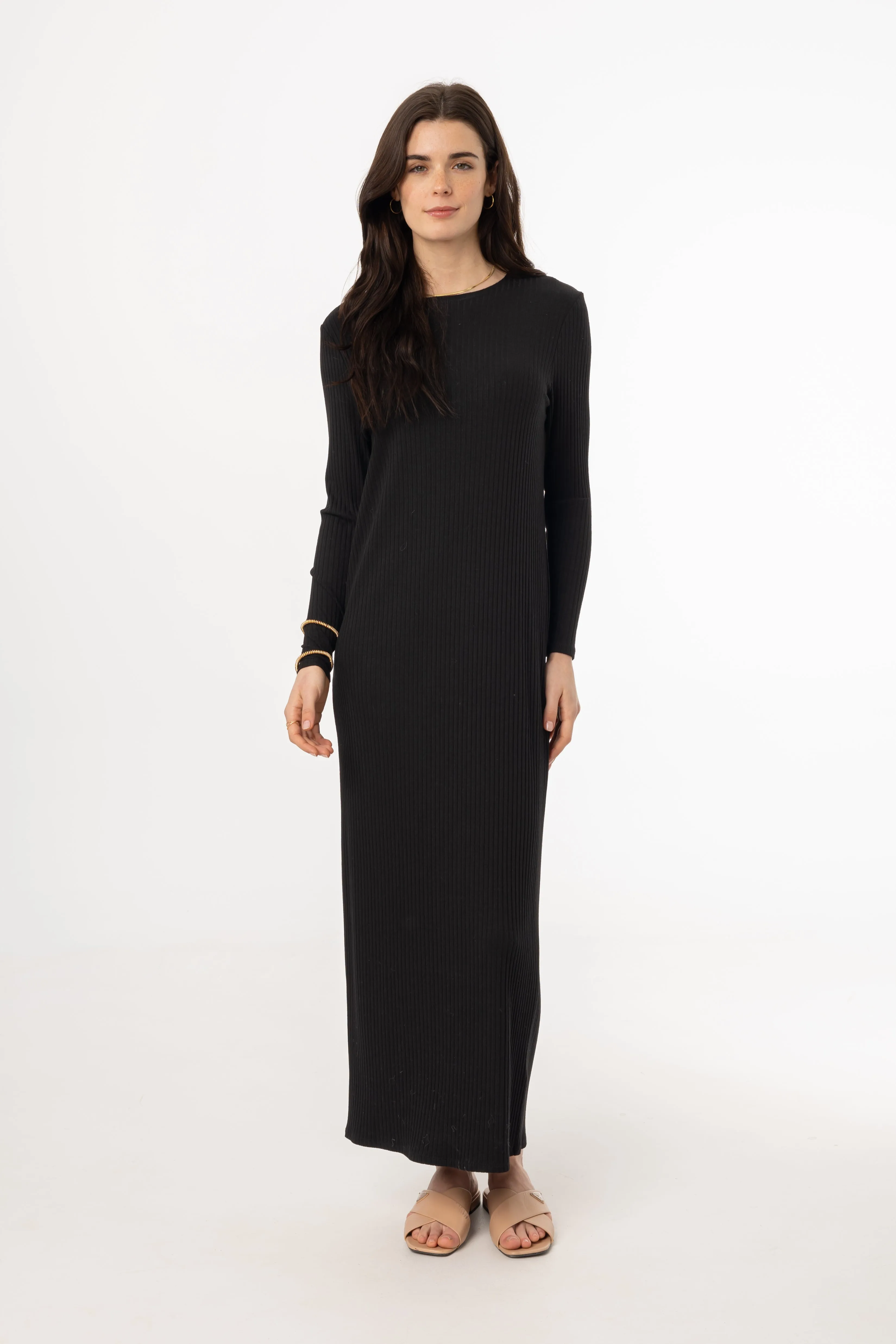 Sleek Drape Black Wide Ribbed Basic Maxi Dress