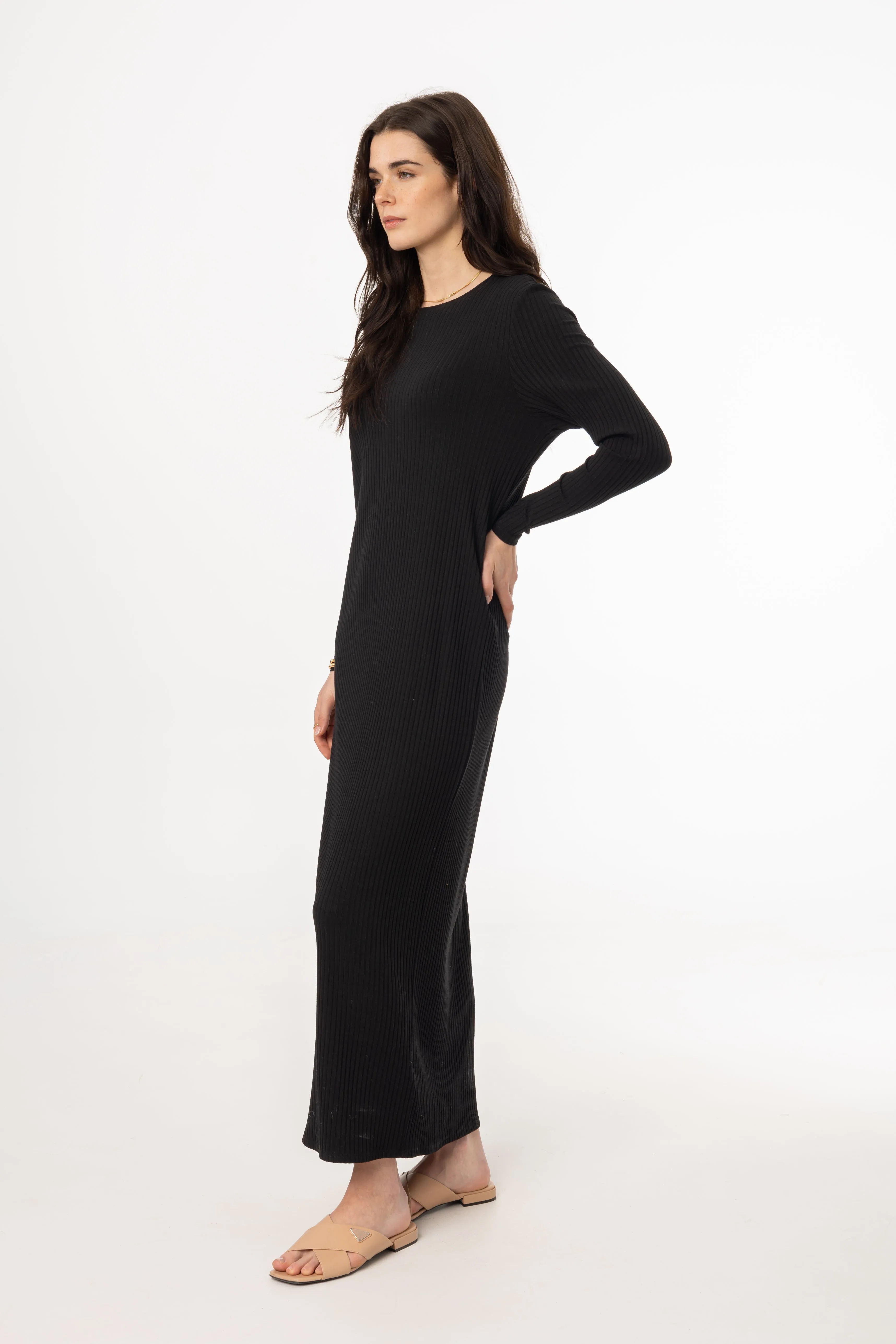 Office Classic Black Wide Ribbed Basic Maxi Dress