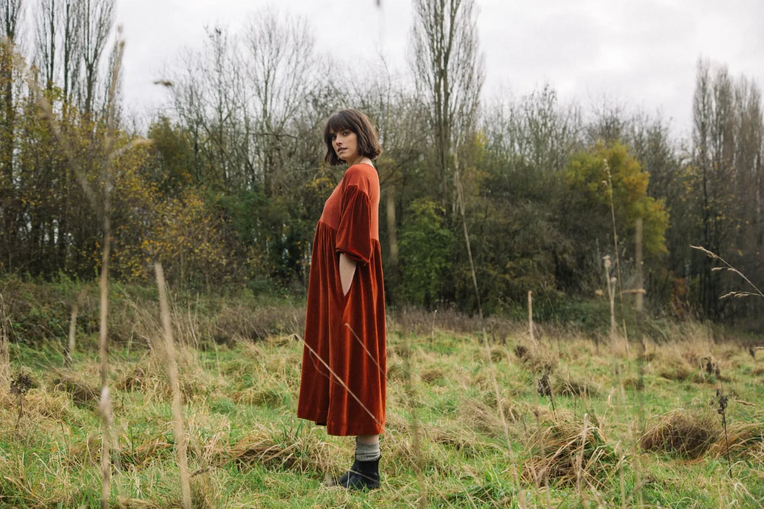 Jewel Accent Bliss Organic Cotton Velour and Jersey Dress in Paprika