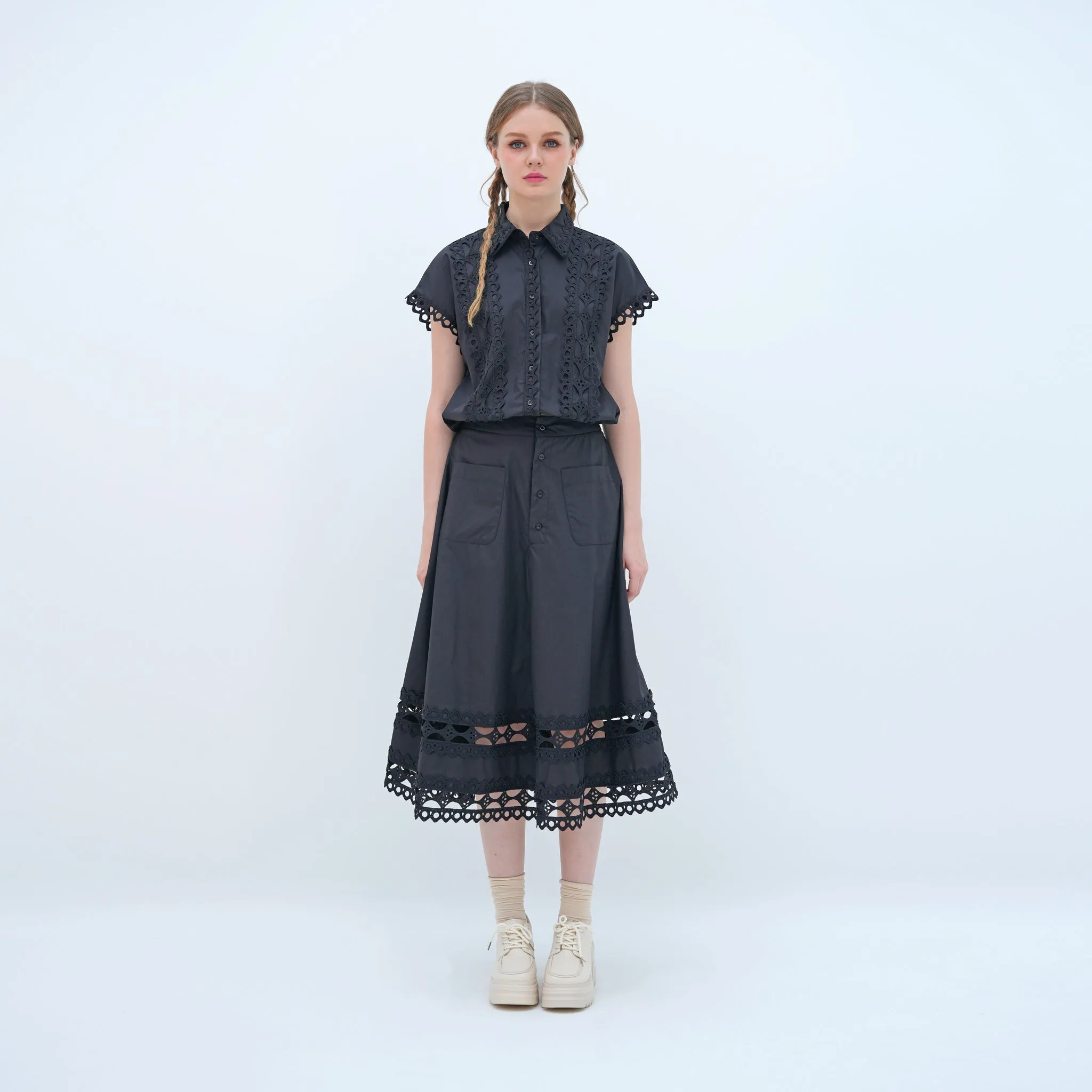 Gather Details Double Layered Design Blouse & Midi Skirt Set