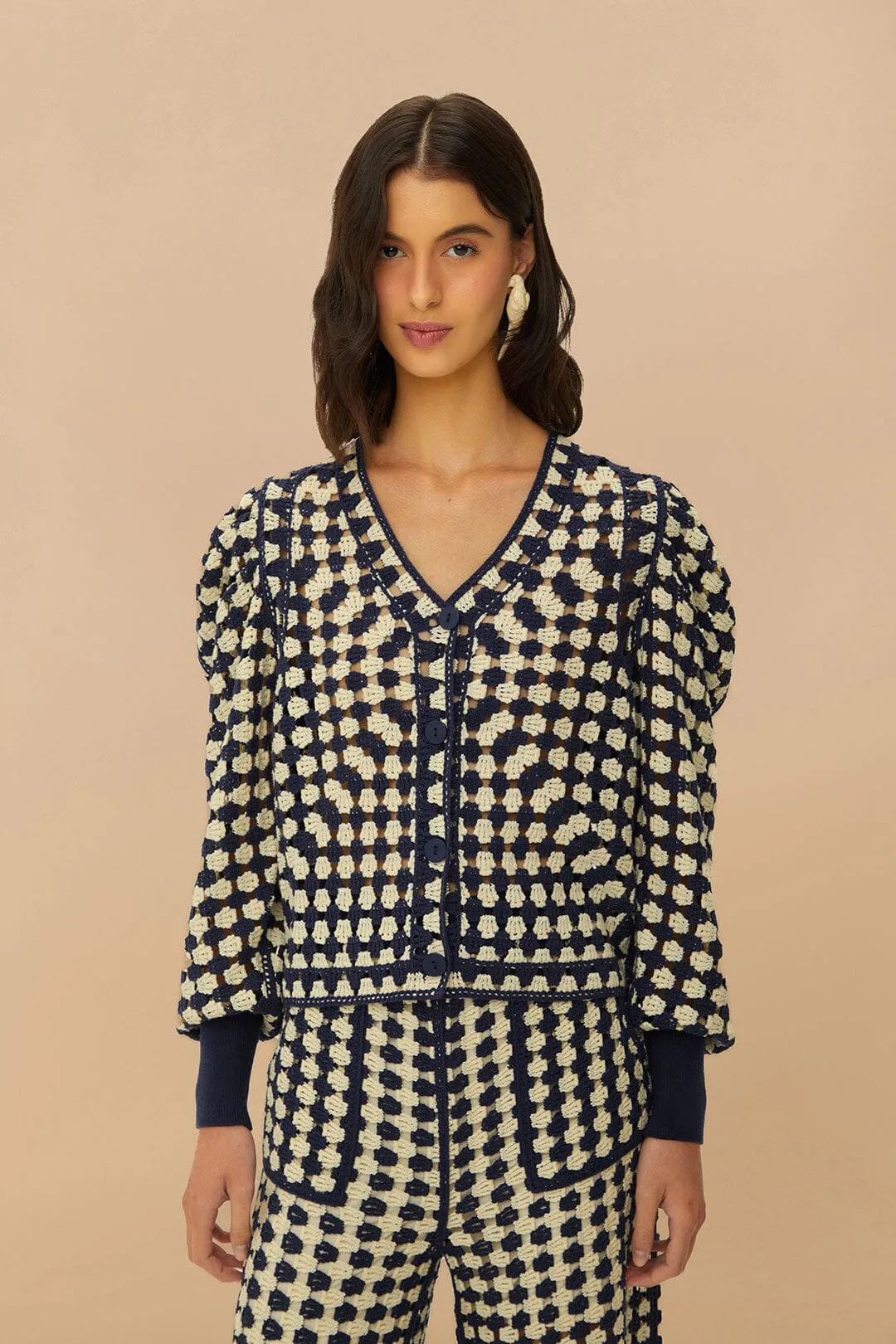 Reinforced Neckline Office Comforted Blue & White Crochet Cardigan