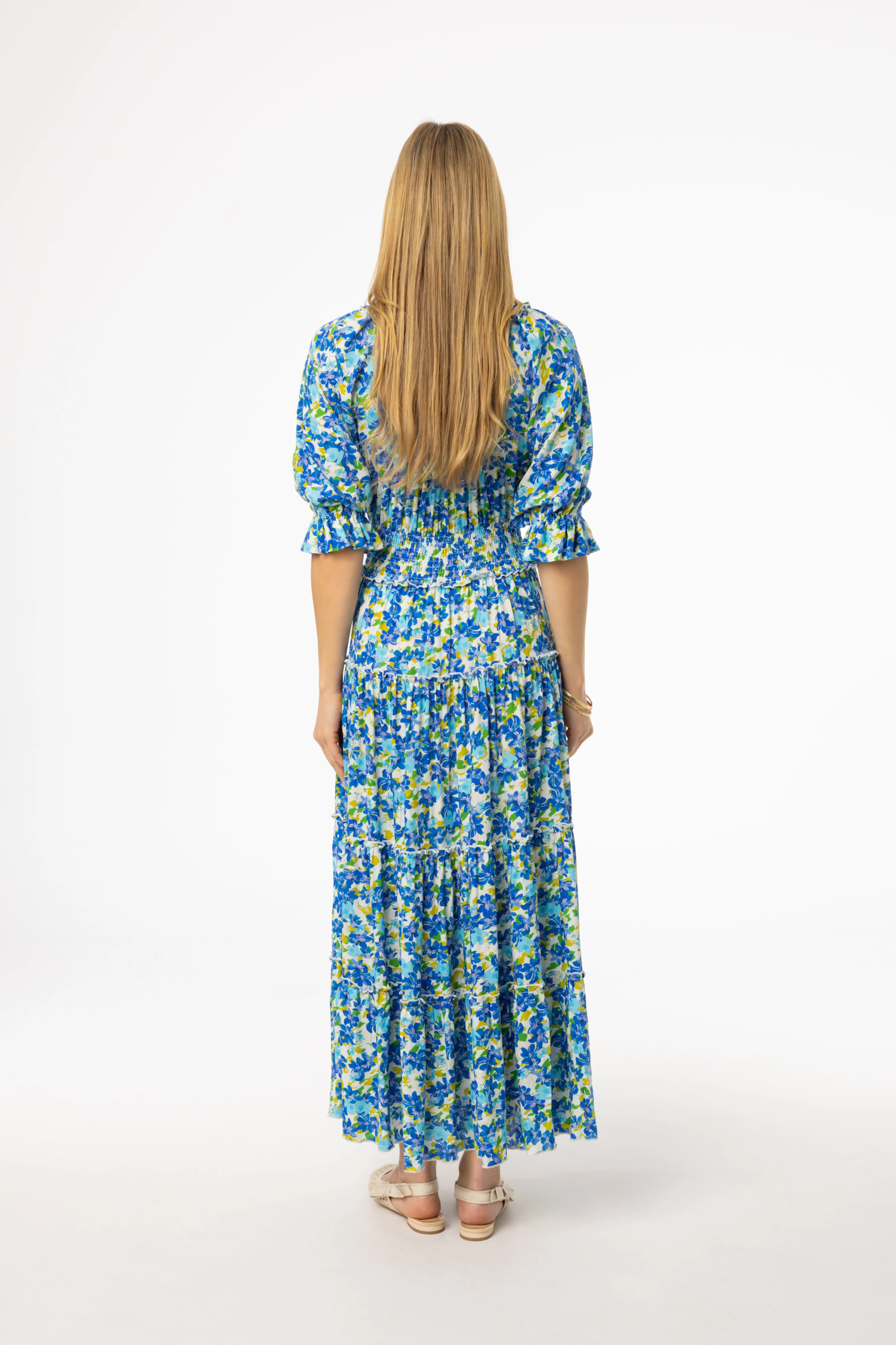 Light Fit Satin-Sleeve Blue Floral Smocked Maxi Dress