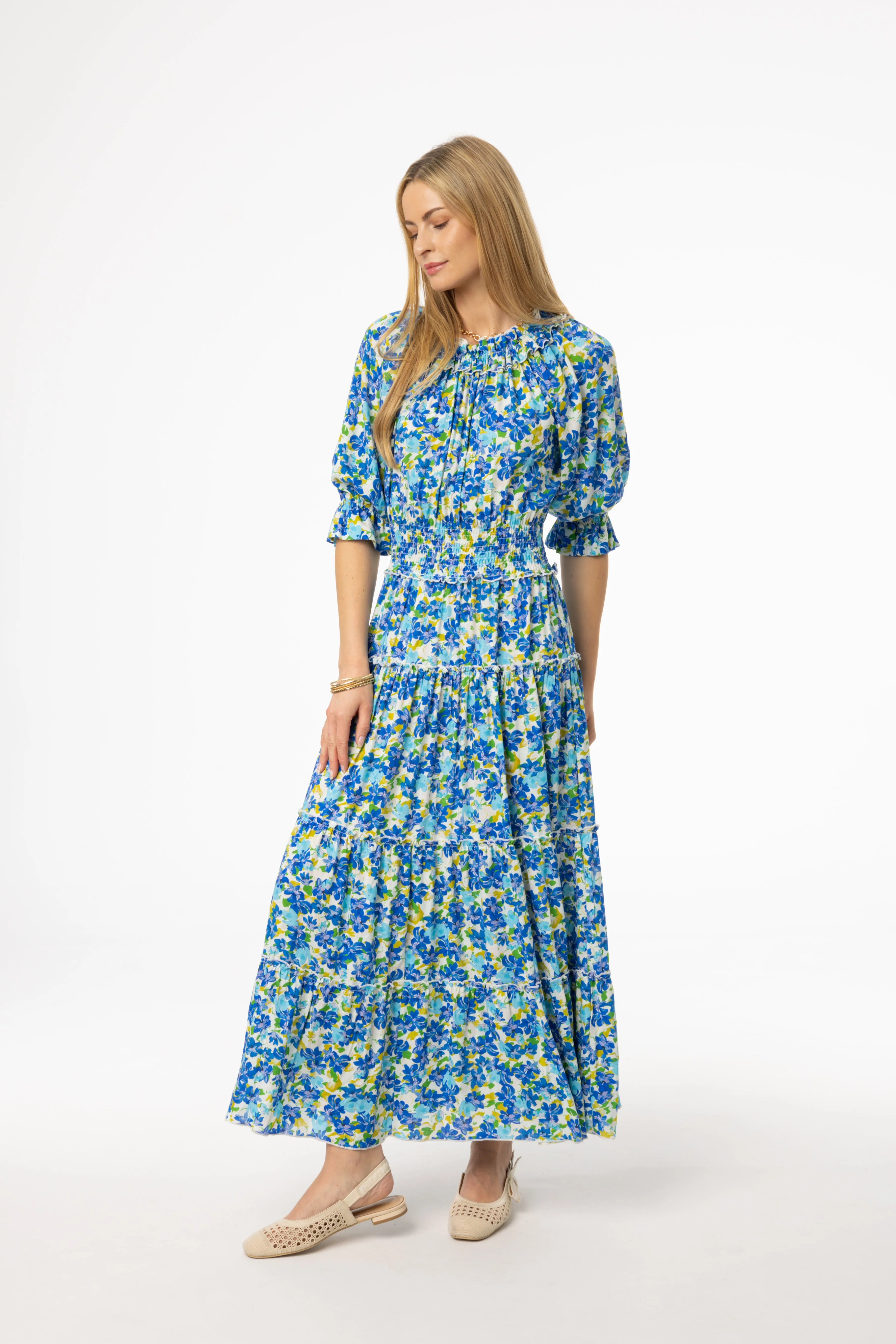 Blue Floral Smocked Maxi Dress Tie-dye