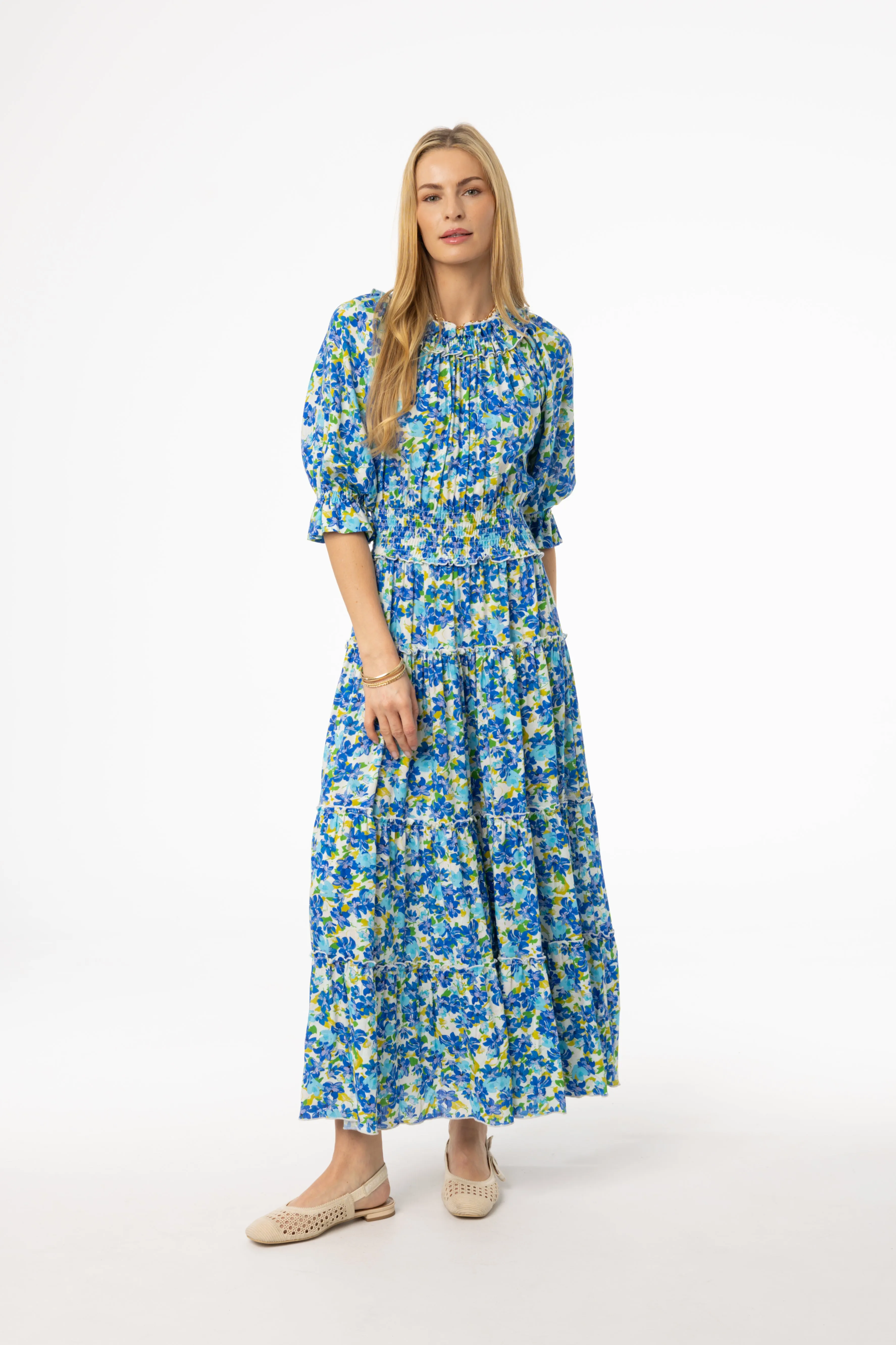 Blue Floral Smocked Maxi Dress Romantic dinner wear Soft Shape