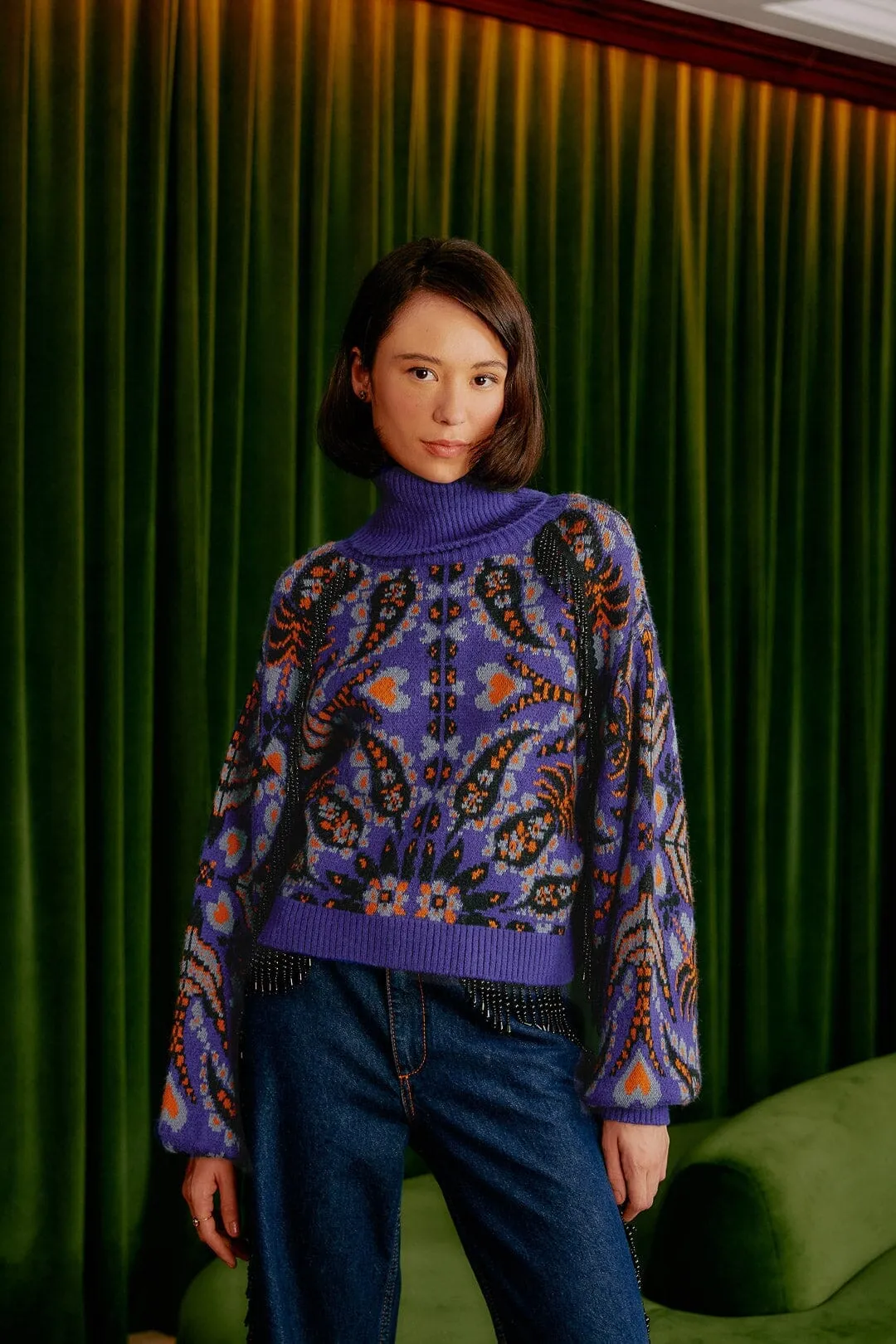 Blue Martina Scarf Sequin Embroidered Knit Cardigan Stretch Flexibility