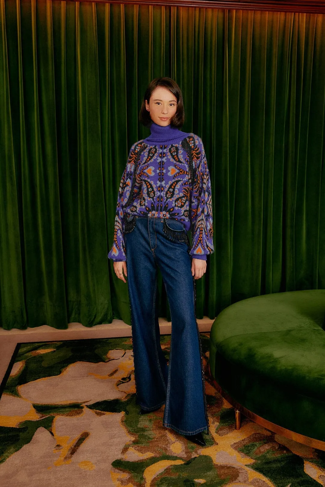 Blue Martina Scarf Sequin Embroidered Knit Cardigan Polo Neckline