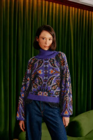 Blue Martina Scarf Sequin Embroidered Knit Cardigan Stretch Flexibility