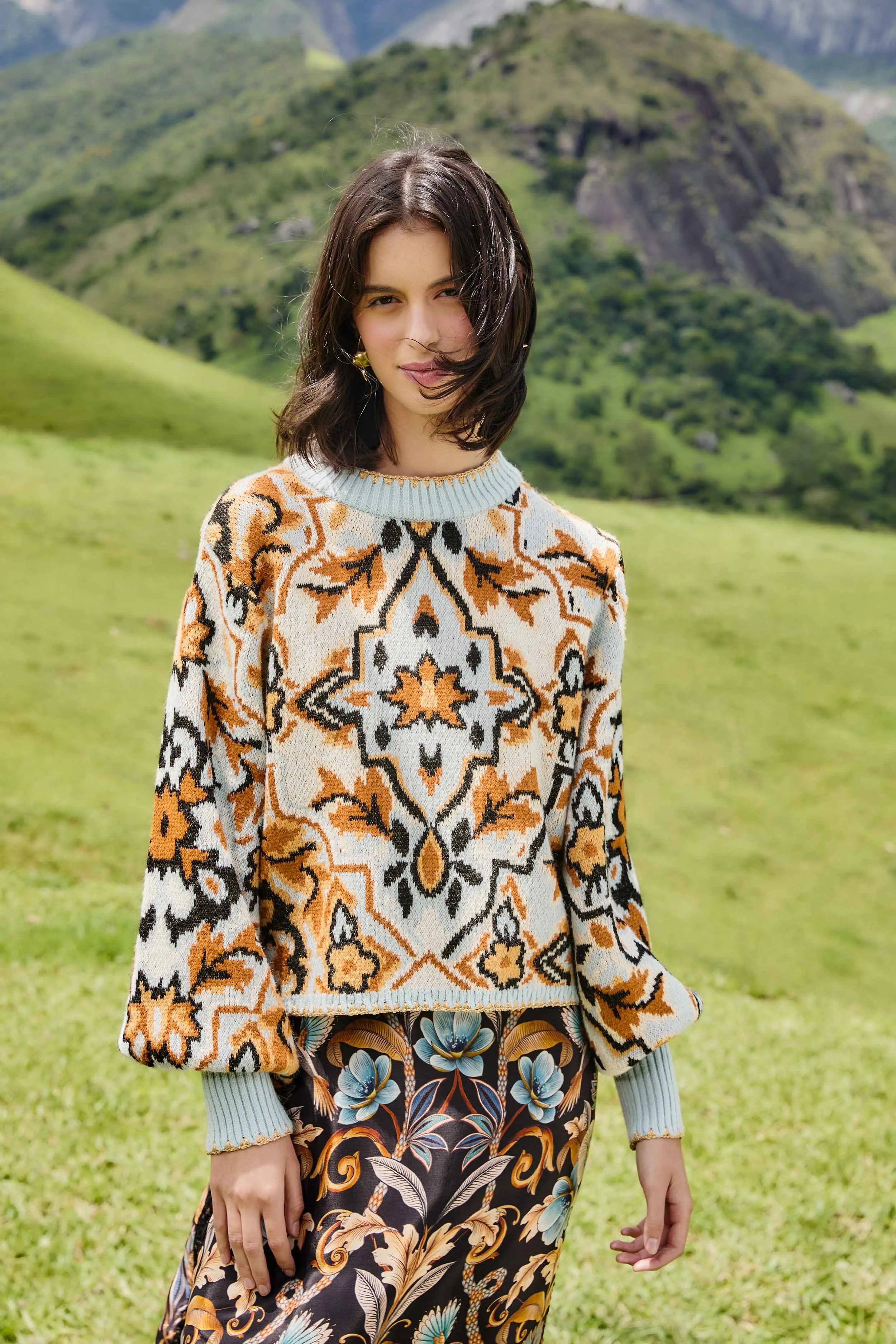 Blue Winter Tapestry Sweater Tagless Design