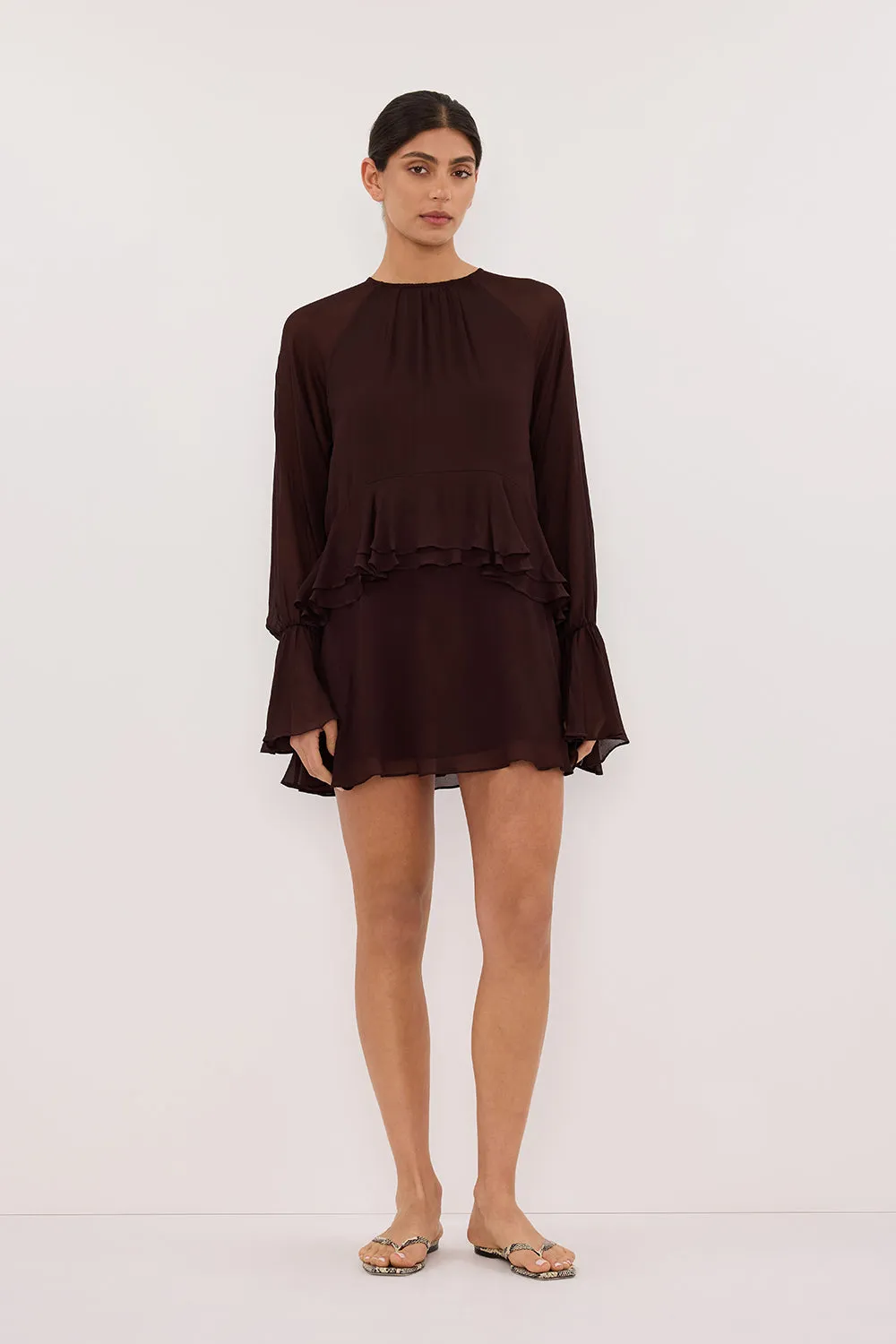 Breathable Design BODHI DARK CHOC LONG SLEEVE MINI DRESS