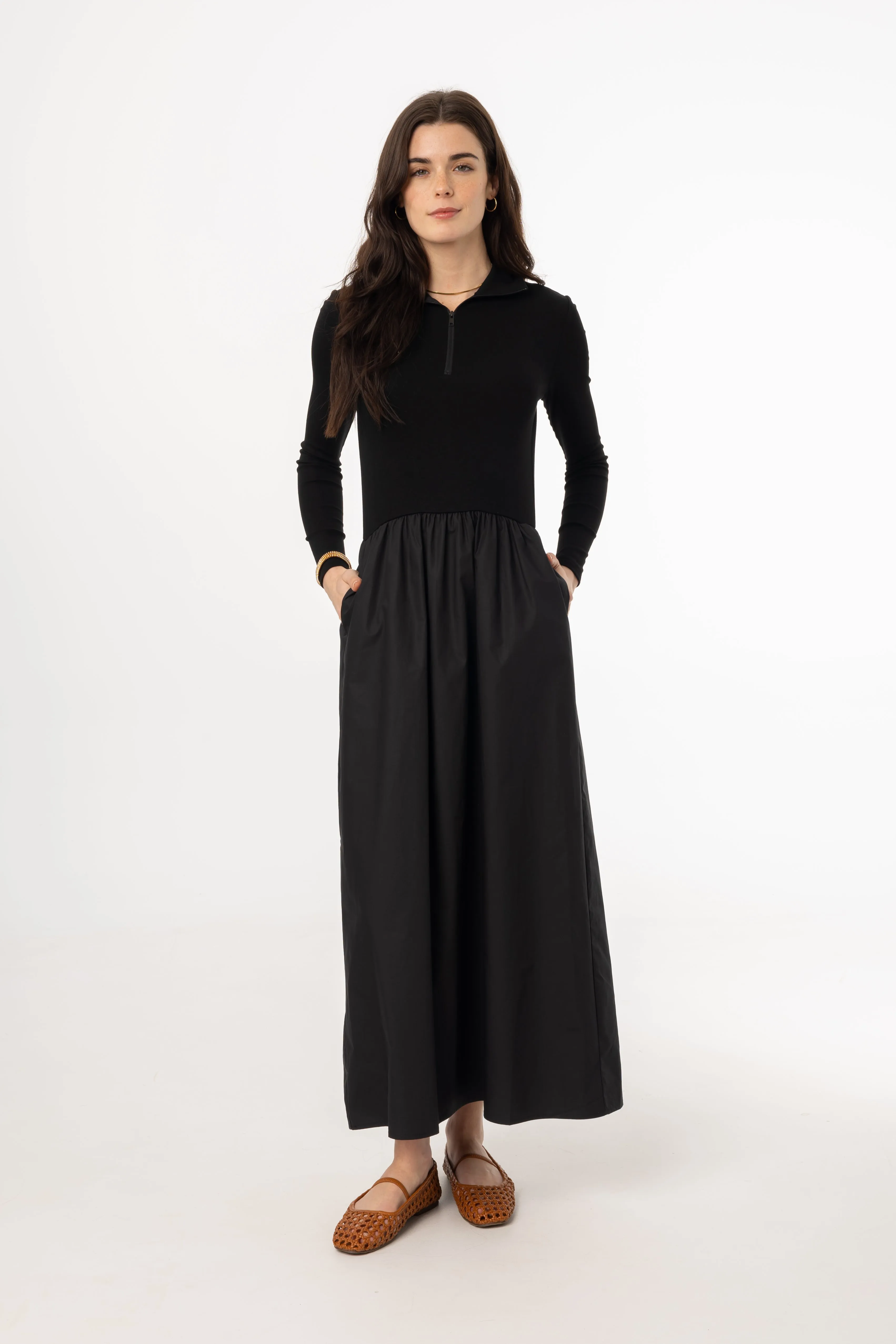 Evening Glow Travel Ready Black Quarter Zip Maxi Dress