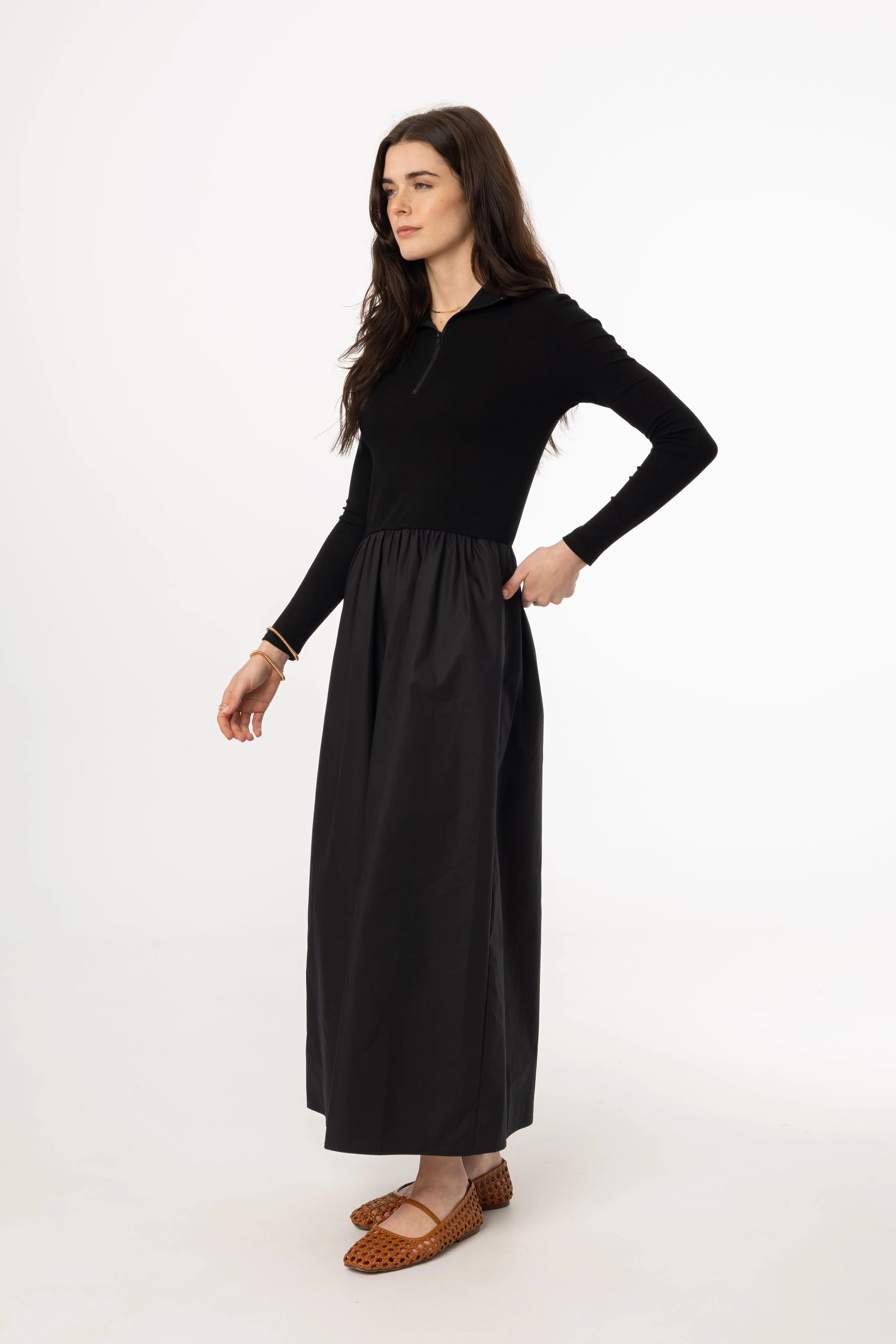 Black Quarter Zip Maxi Dress Elegant Vibe