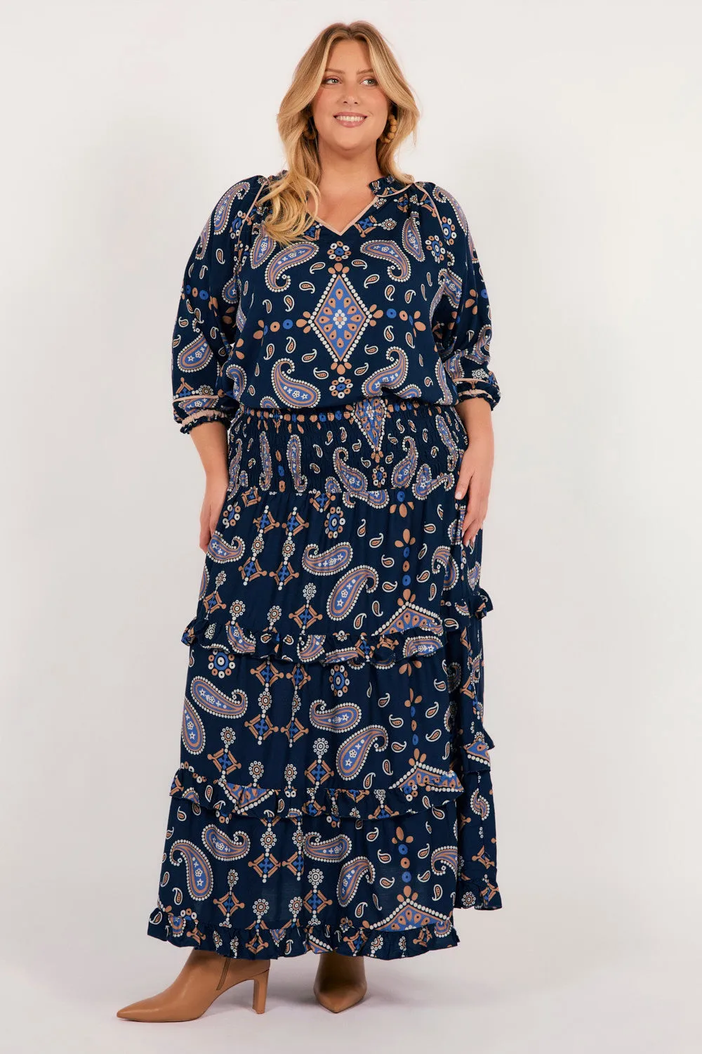 Aaliyah Frill Skirt in Navy Filigree Seasonal Must Have Durable Hem