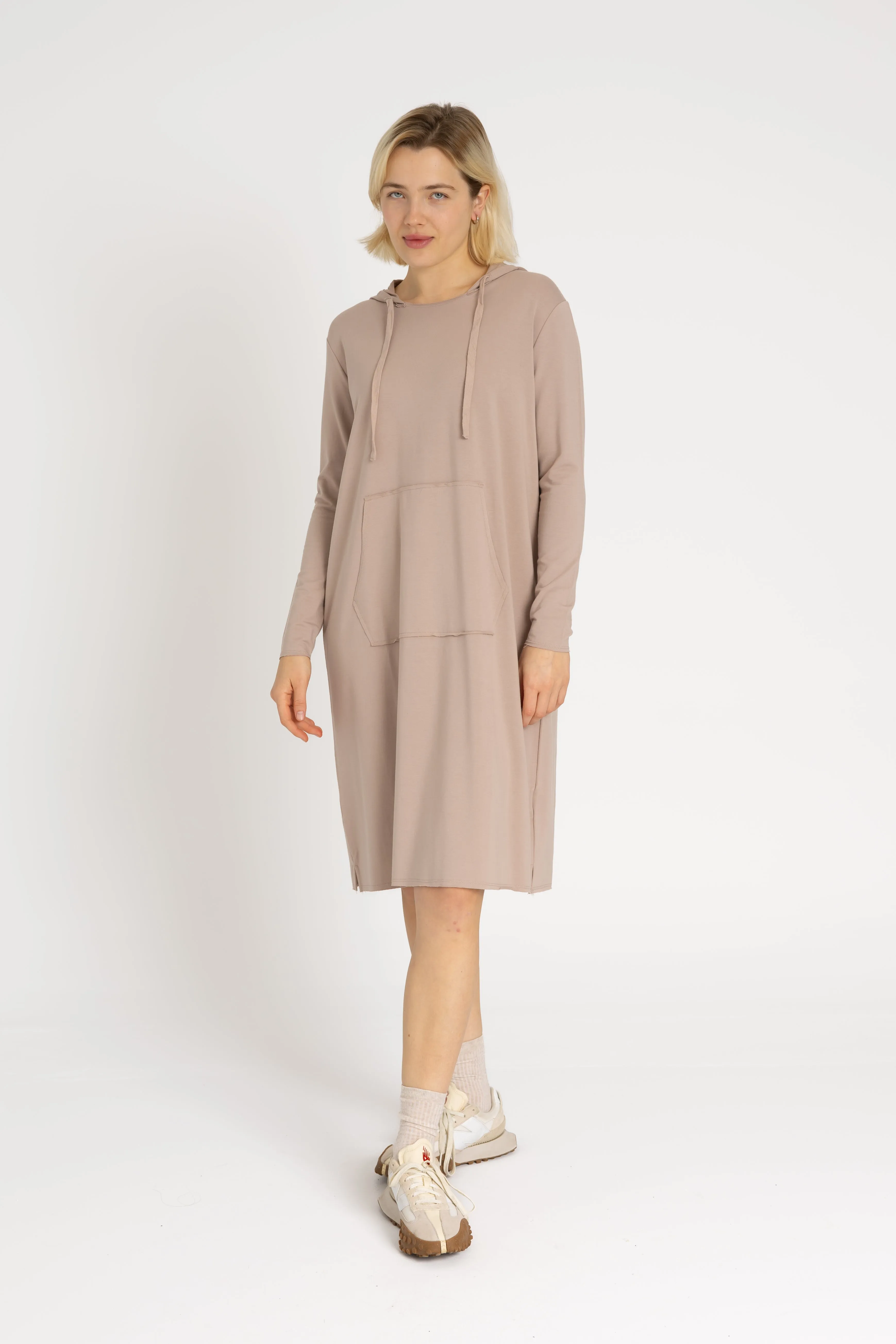 Hidden Zipper Flowy Texture Bone Drawstring Hoodie Dress