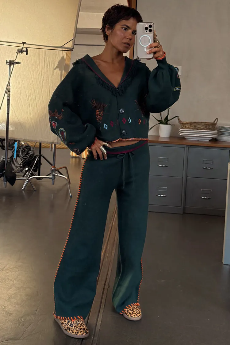 Textured Weave Brushed Inner Lining Bottle Green Wide Leg Pants